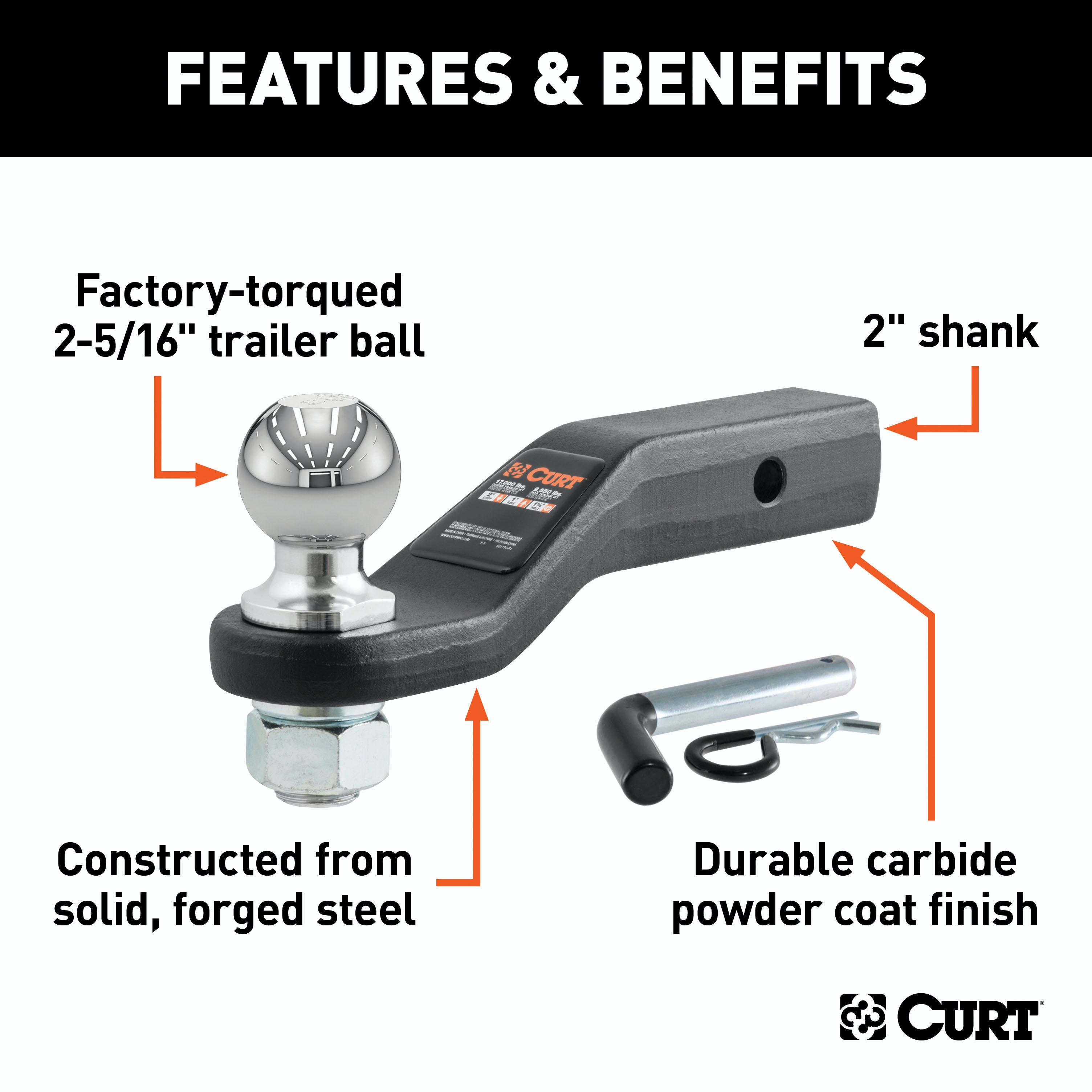 CURT 45331 Loaded Forged Ball Mount with 2-5/16 Ball (2 Shank, 15,000 lbs., 2 Drop)