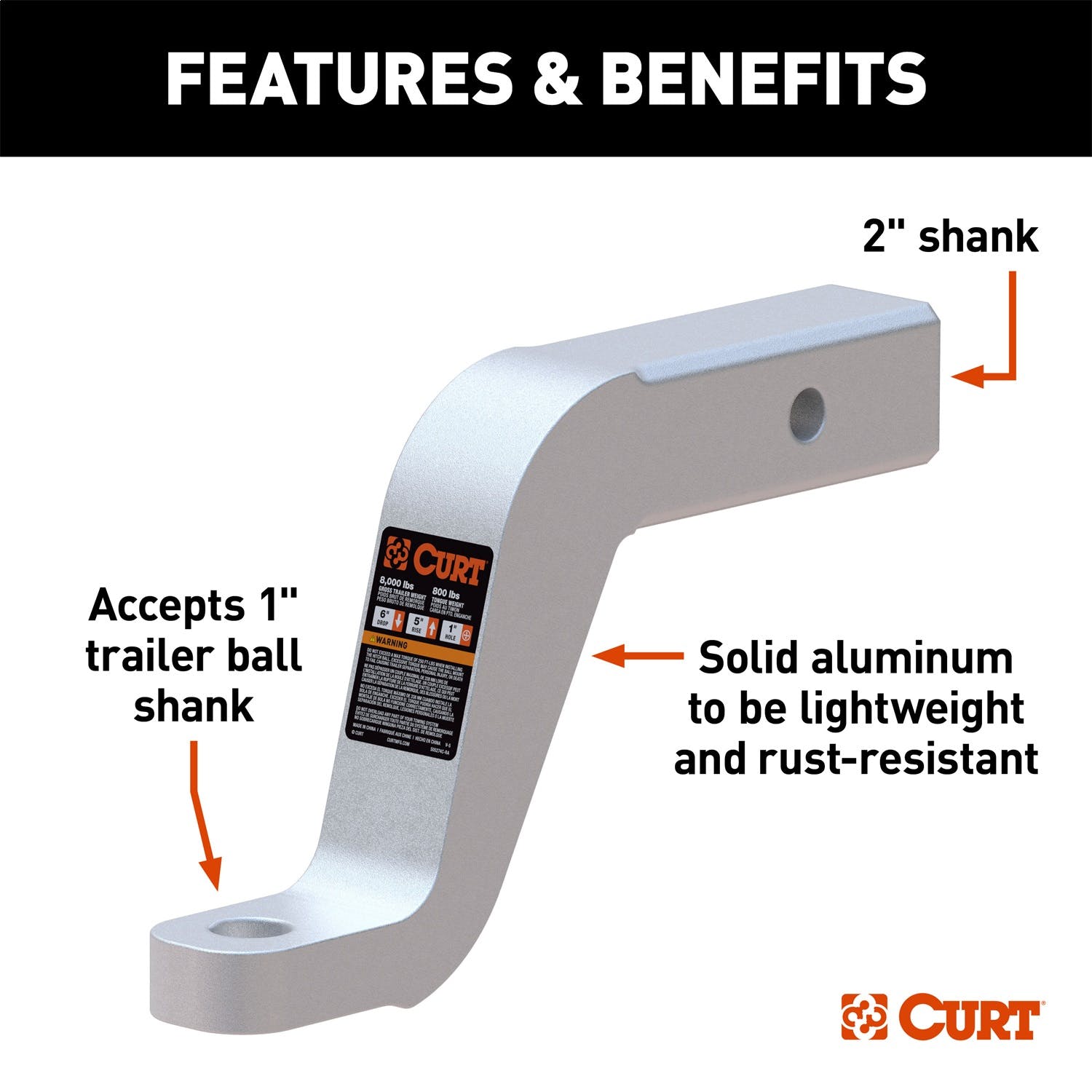 CURT 45362 Aluminum Ball Mount (2 Shank, 8,000 lbs, 6 Drop, 8-1/2 Long)