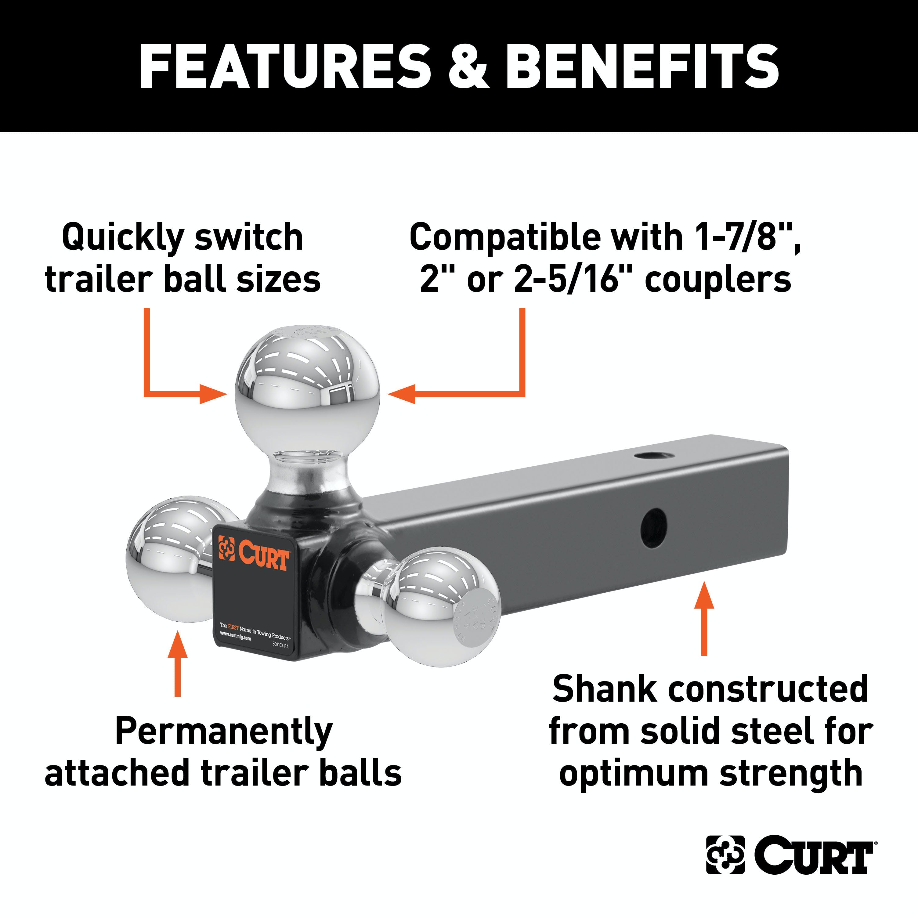 CURT 45655 Multi-Ball Mount (2 Solid Shank, 1-7/8, 2 and 2-5/16 Chrome Balls)