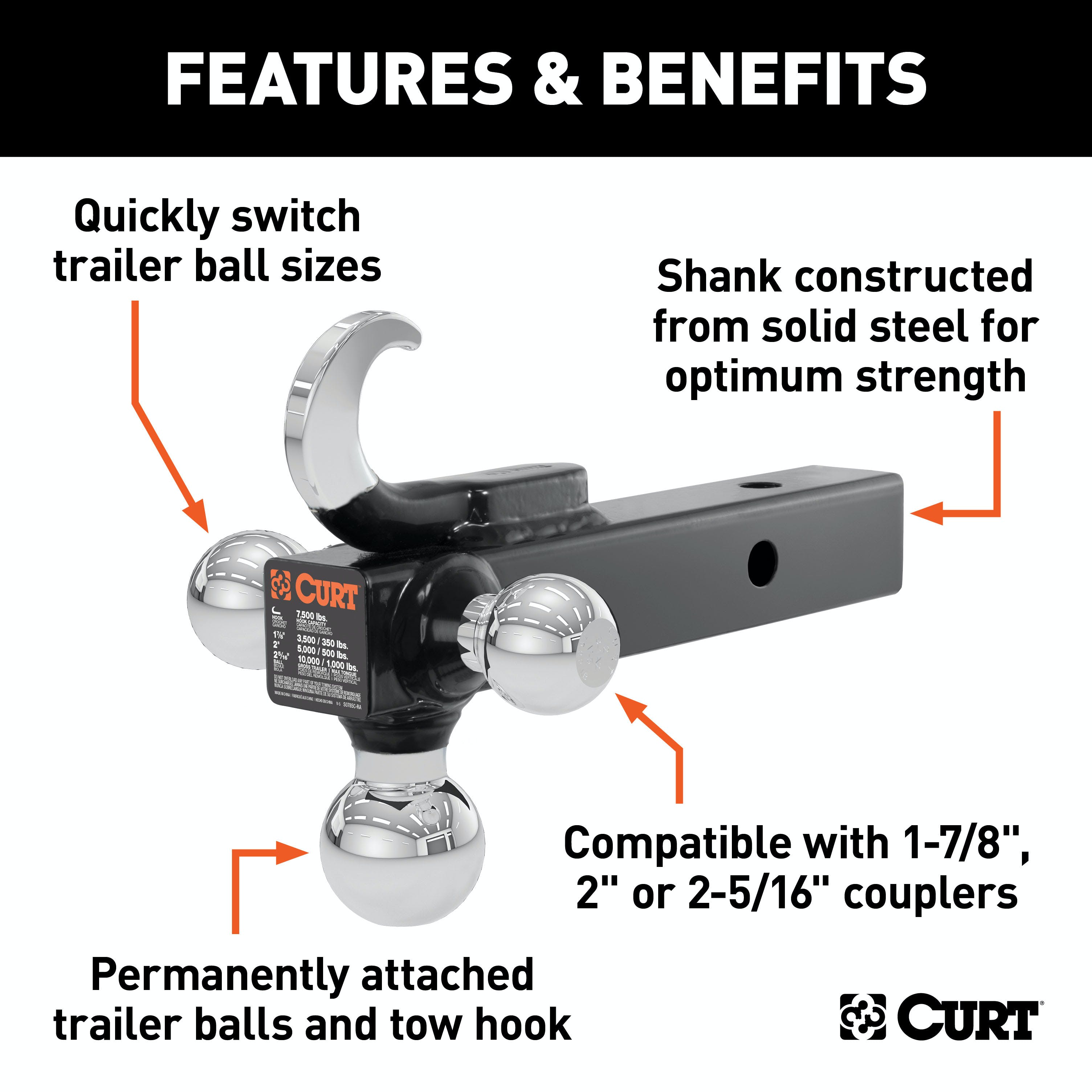 CURT 45675 Multi-Ball Mount with Hook (2 Solid Shank, 1-7/8, 2 and 2-5/16 Chrome Balls)