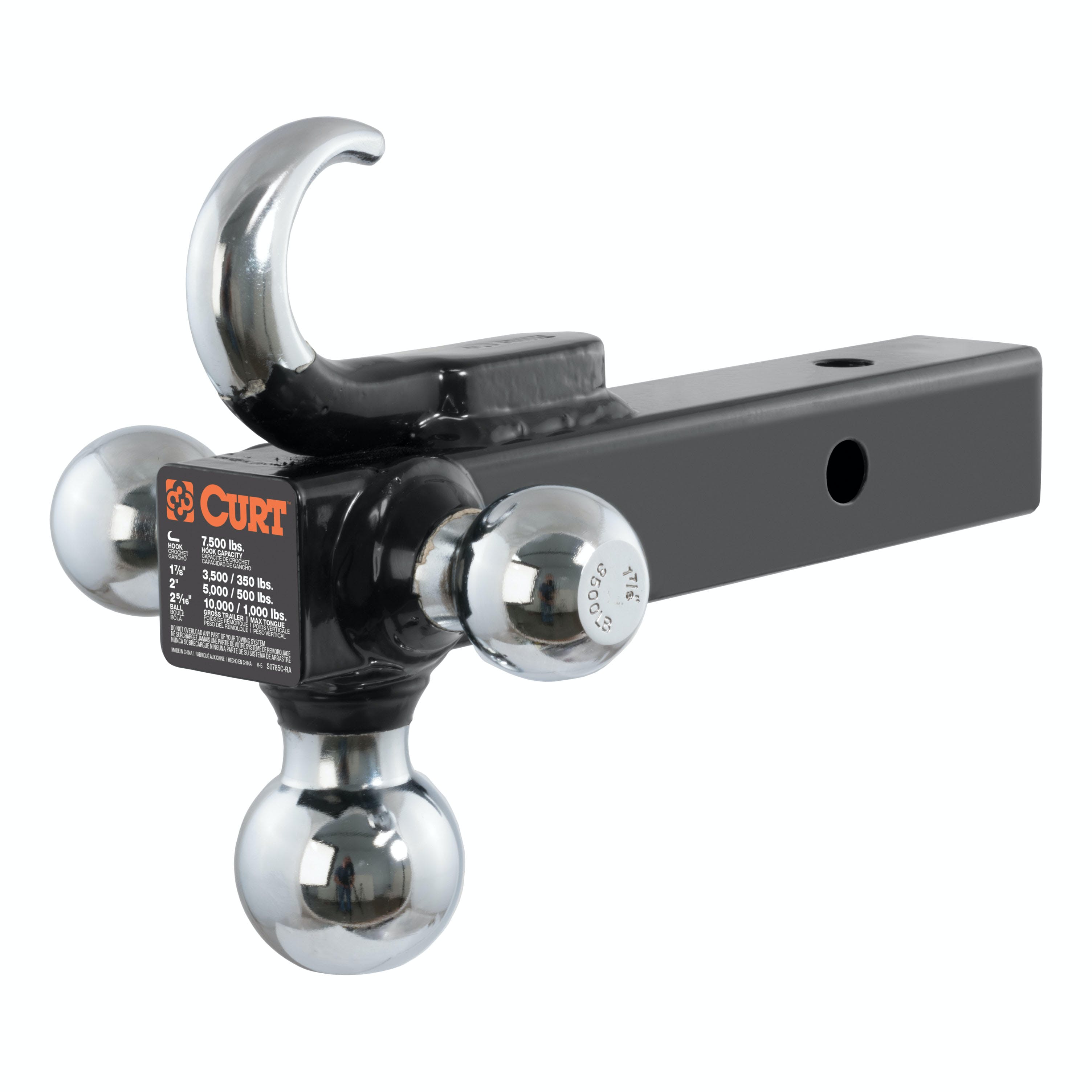 CURT 45675 Multi-Ball Mount with Hook (2 Solid Shank, 1-7/8, 2 and 2-5/16 Chrome Balls)