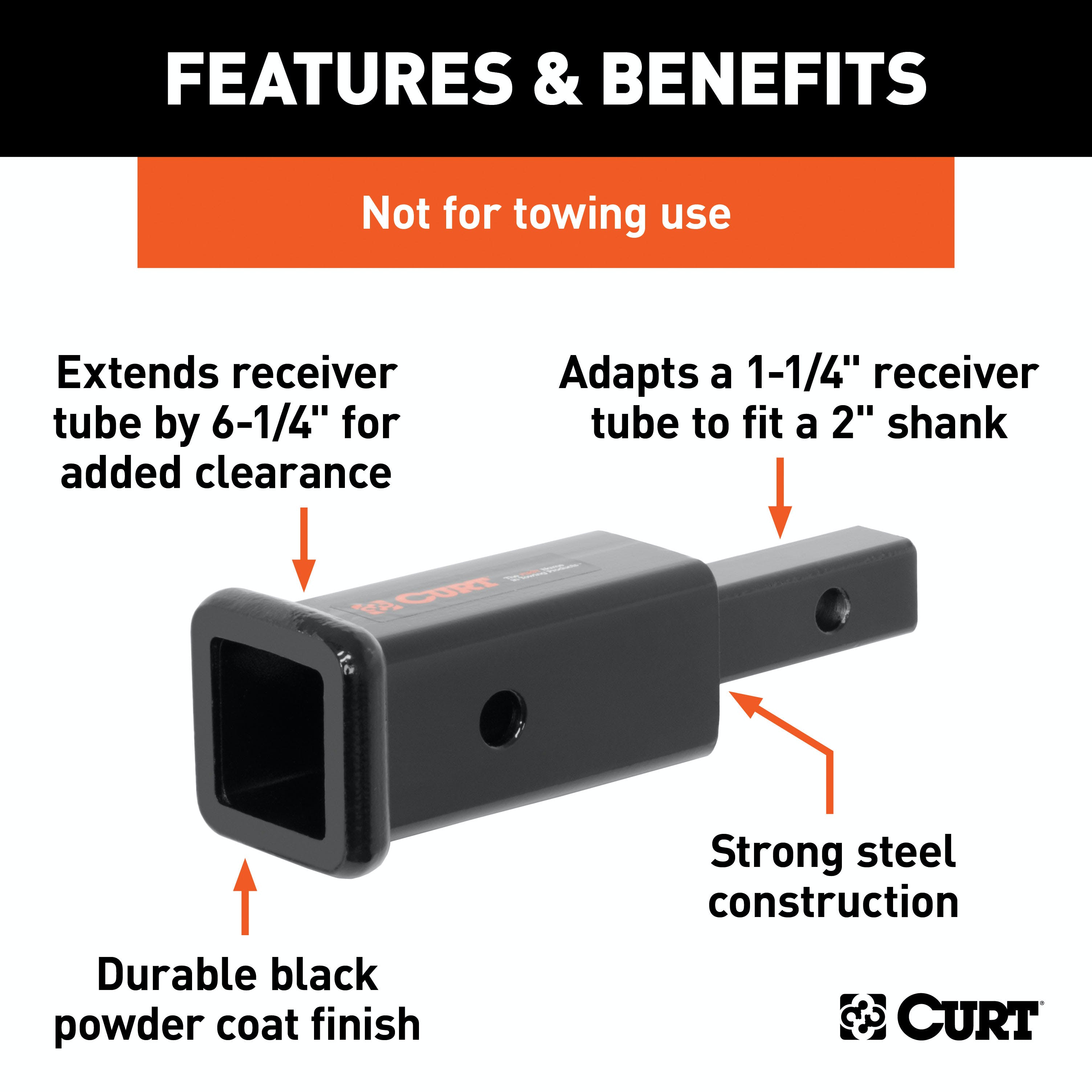 CURT 45785 Receiver Tube Adapter (1-1/4 to 2 Shank, Not for Towing Use, 6-1/4 Length)