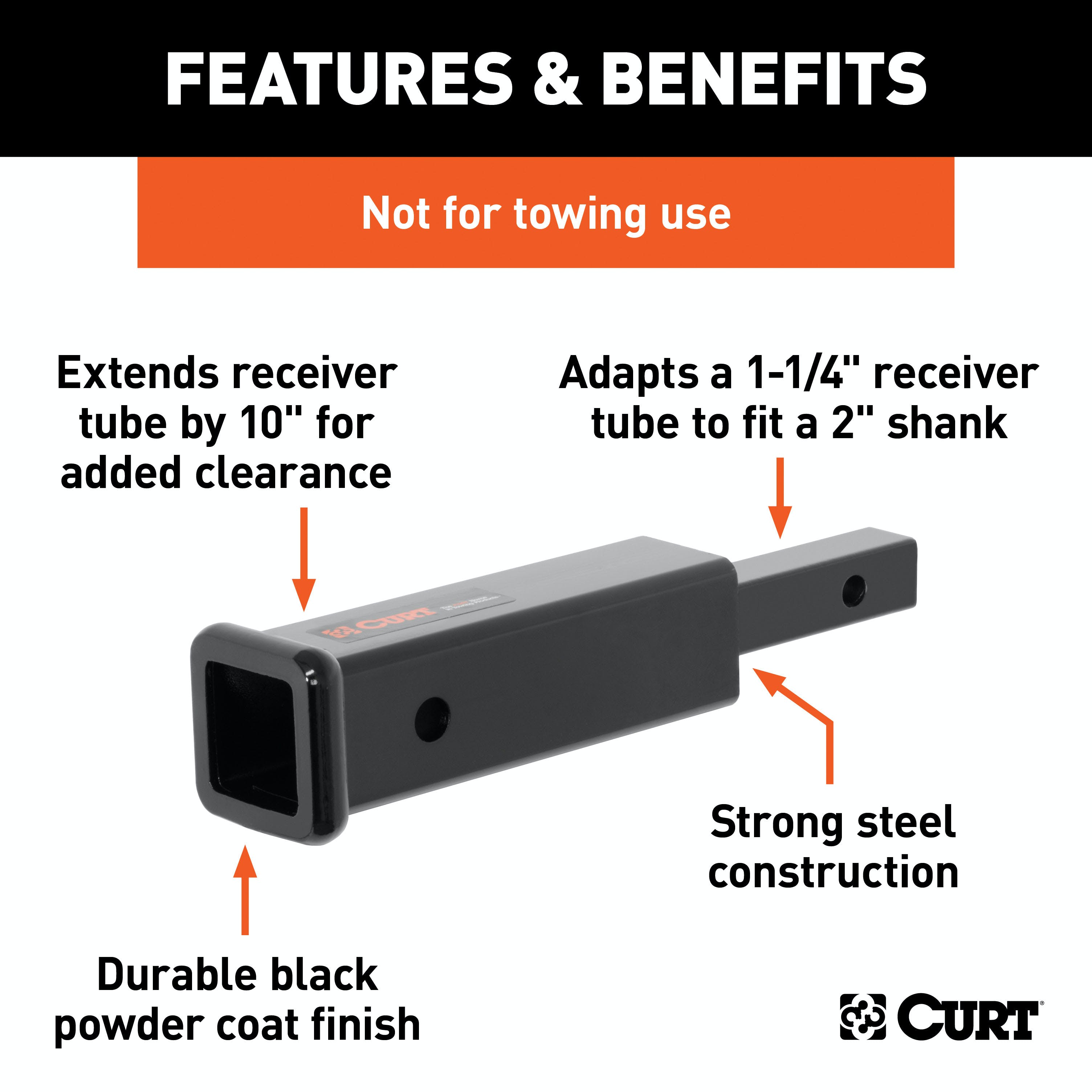 CURT 45790 Receiver Tube Adapter (1-1/4 to 2 Shank, Not for Towing Use, 6-1/4 Length)