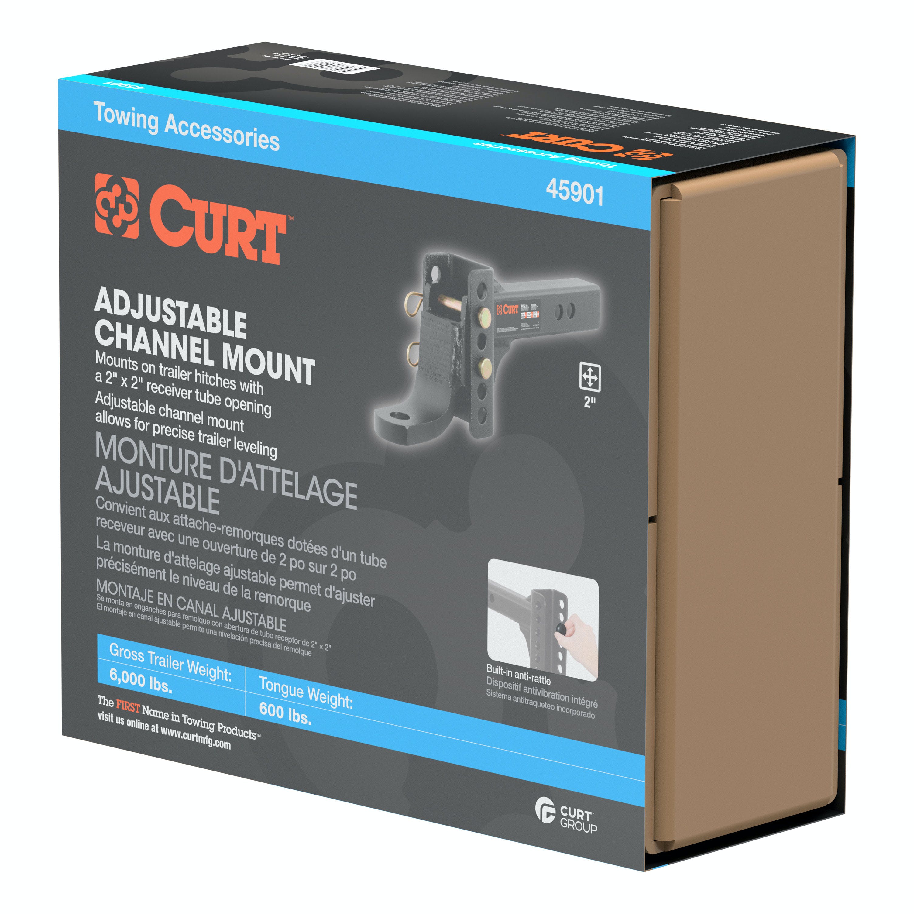 CURT 45901 Adjustable Channel Mount with 1 Ball Hole (2 Shank, 6,000 lbs., 6-3/4 Drop)