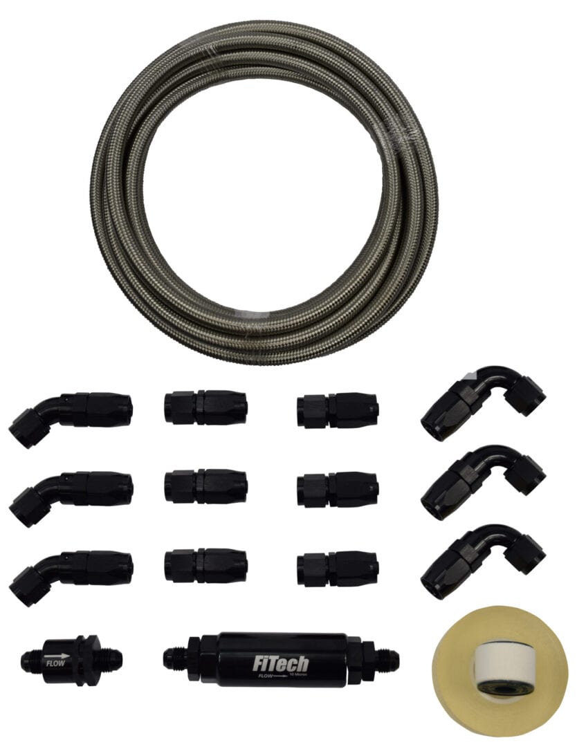 FiTech 51001 Natural Stainless Steel Hose Kit, 20ft with 10 Micron Filter and Check Valve