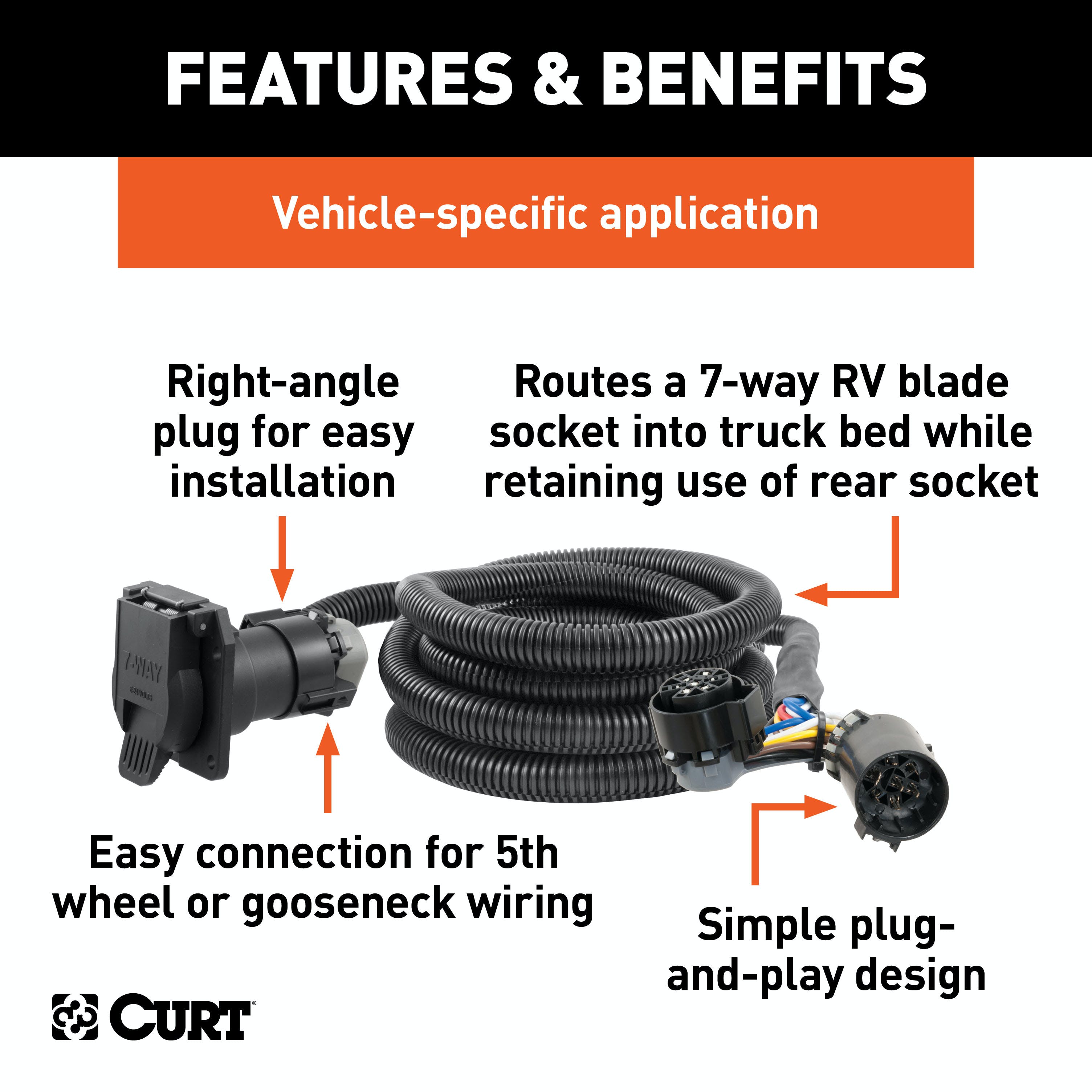 CURT 56000010 10' Custom Wiring Extension Harnesses (Adds 7-Way RV Blade to Truck Bed, 10Pk)