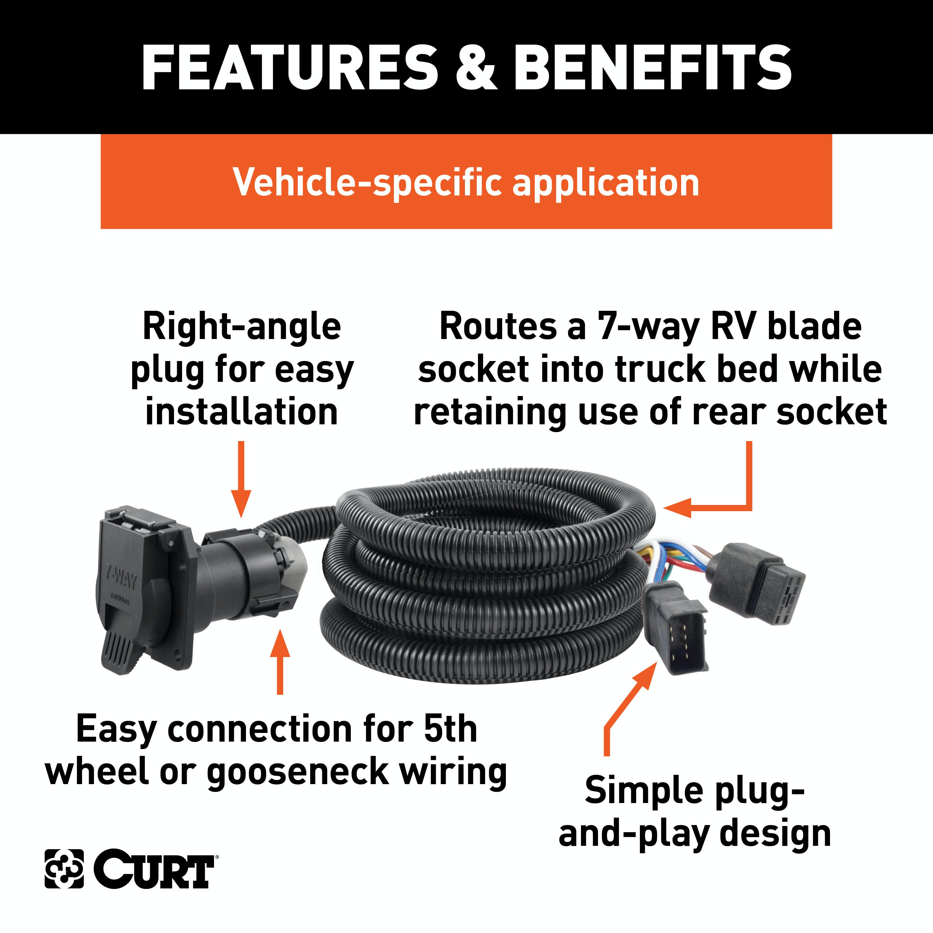 CURT 56001 10' Custom Wiring Extension Harness (Adds 7-Way RV Blade to Truck Bed)