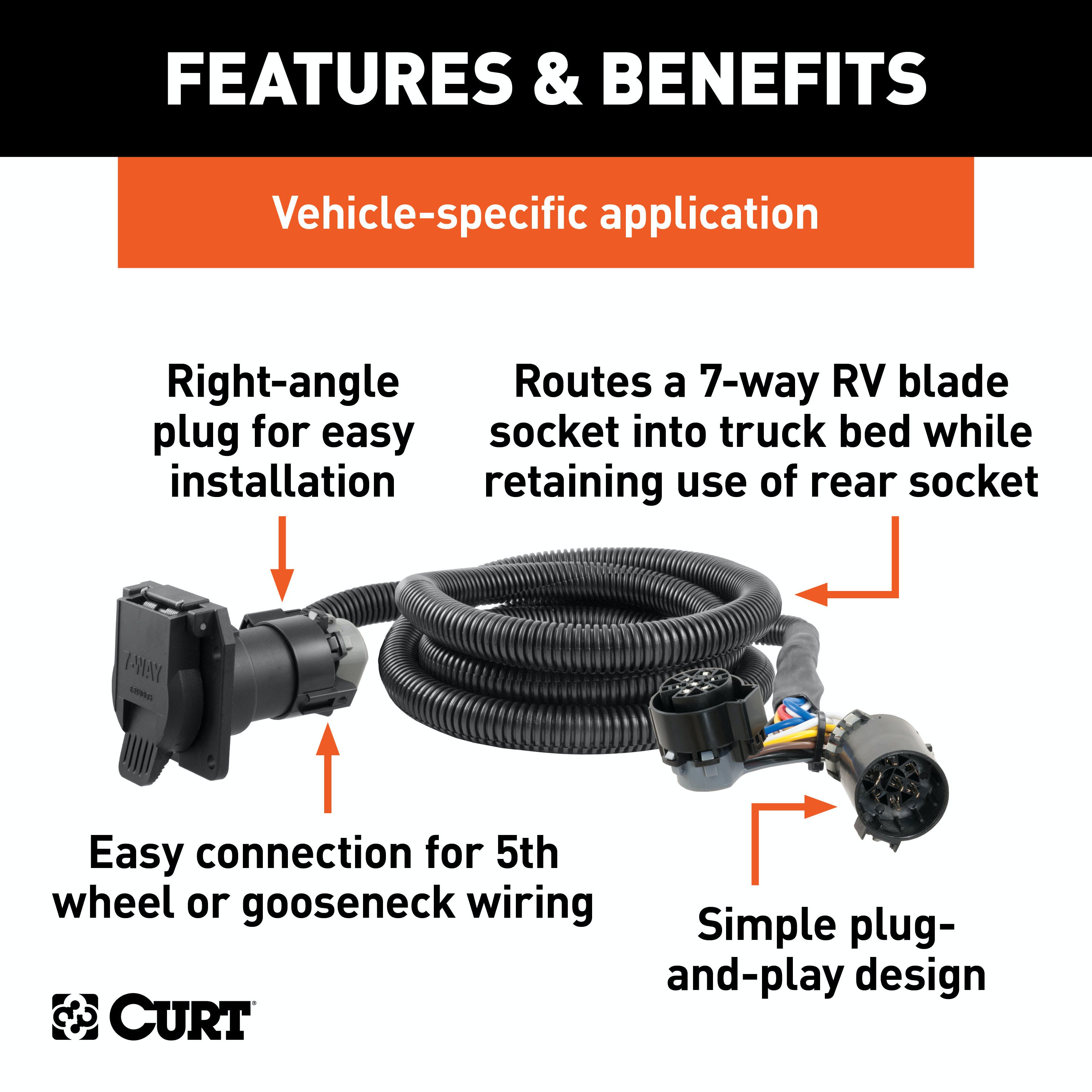 CURT 56070 7' Custom Wiring Extension Harness (Adds 7-Way RV Blade to Truck Bed, Packaged)