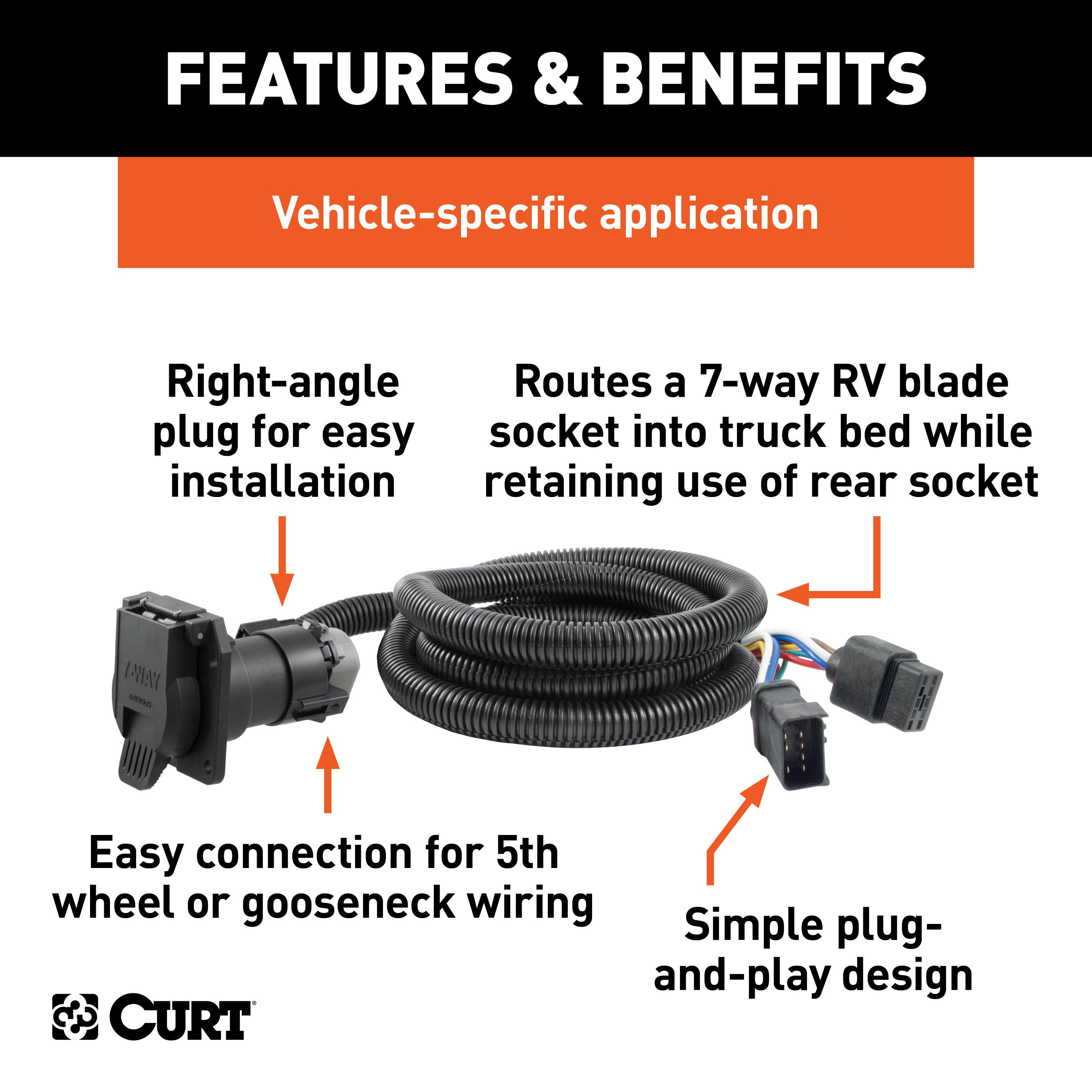 CURT 56071 7' Custom Wiring Extension Harness (Adds 7-Way RV Blade to Truck Bed)