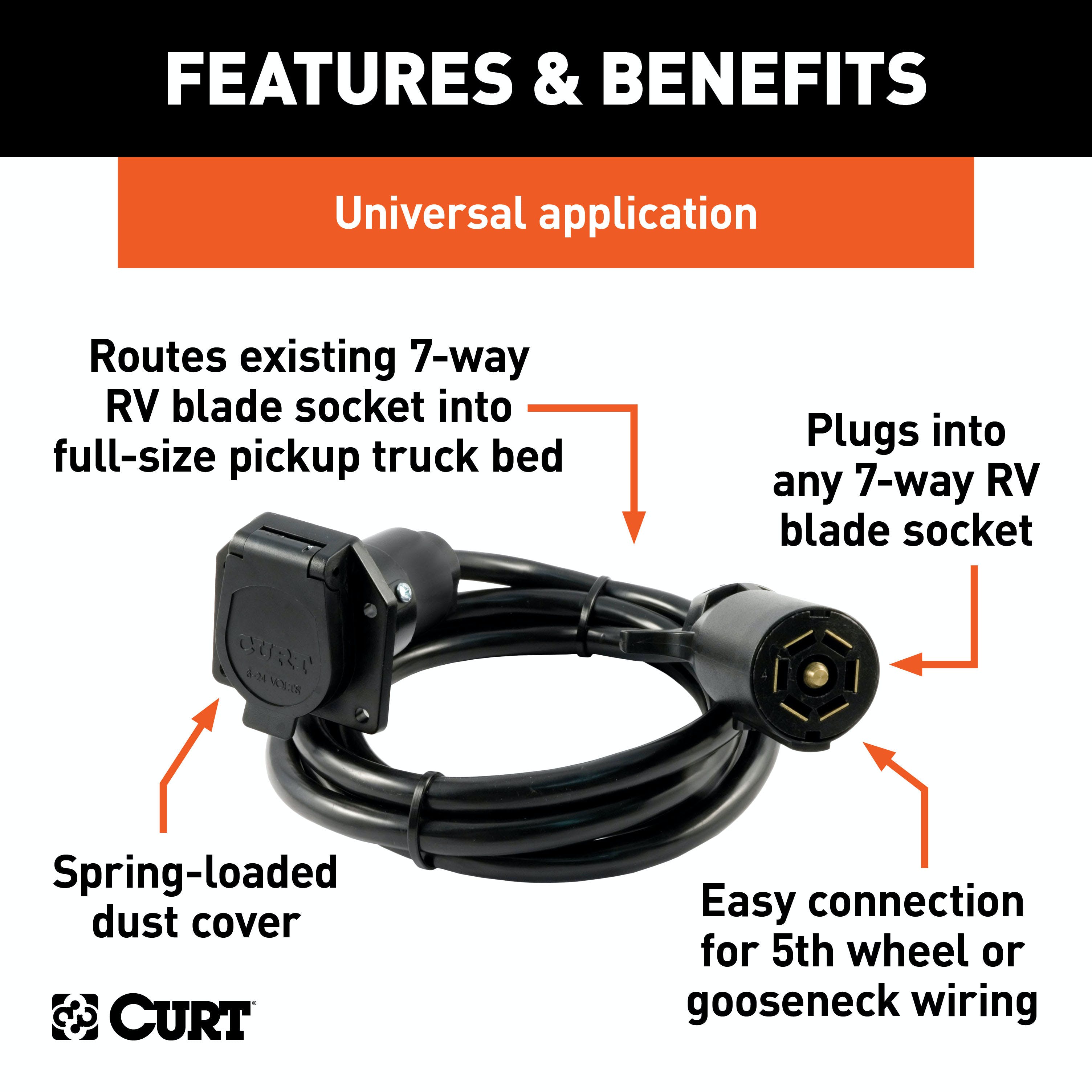 CURT 56080 7' 7-Way RV Blade Extension Harness (Routes to Truck Bed)