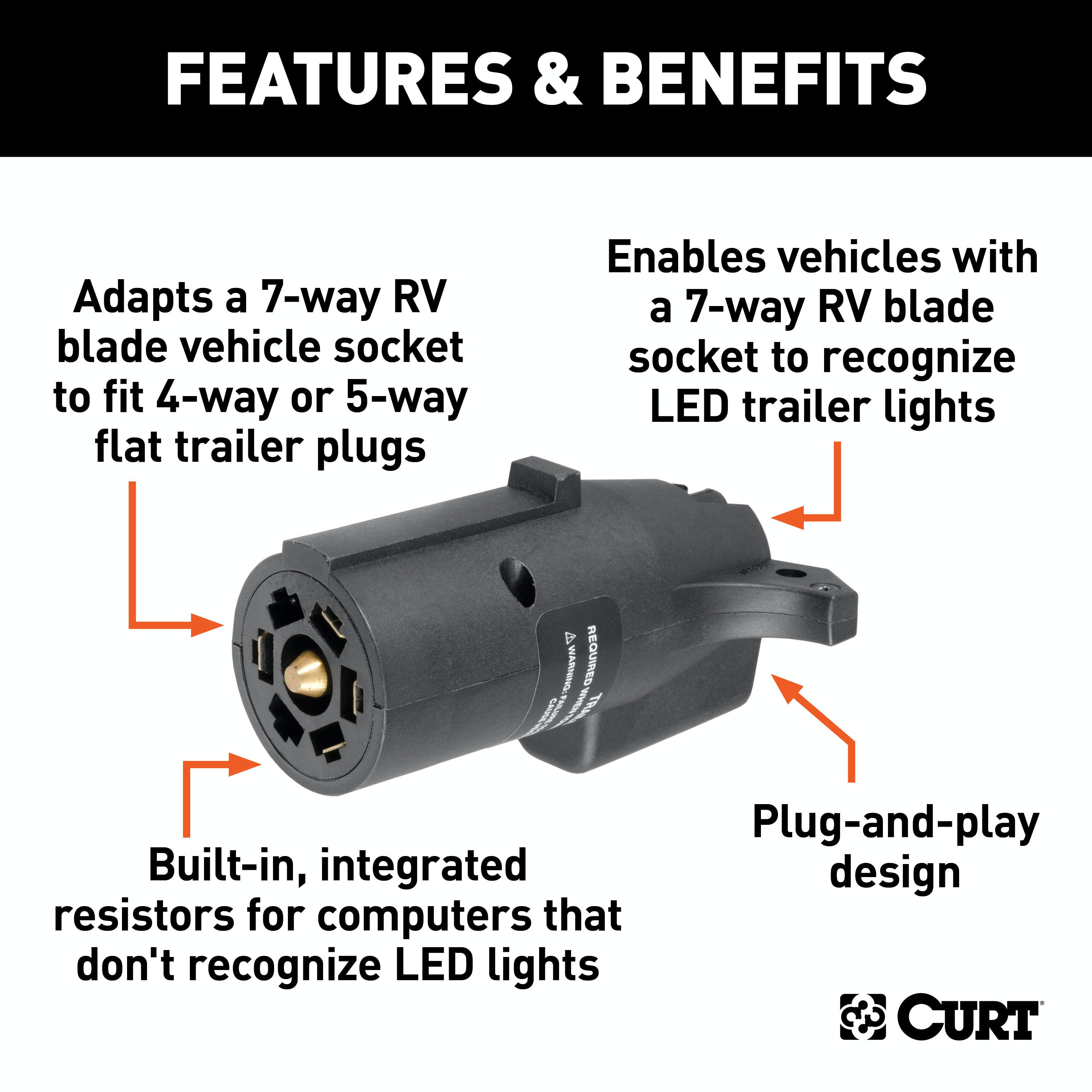 CURT 57004 LED Electrical Adapter (7-Way RV Blade Vehicle to 4 or 5-Way Flat Trailer)