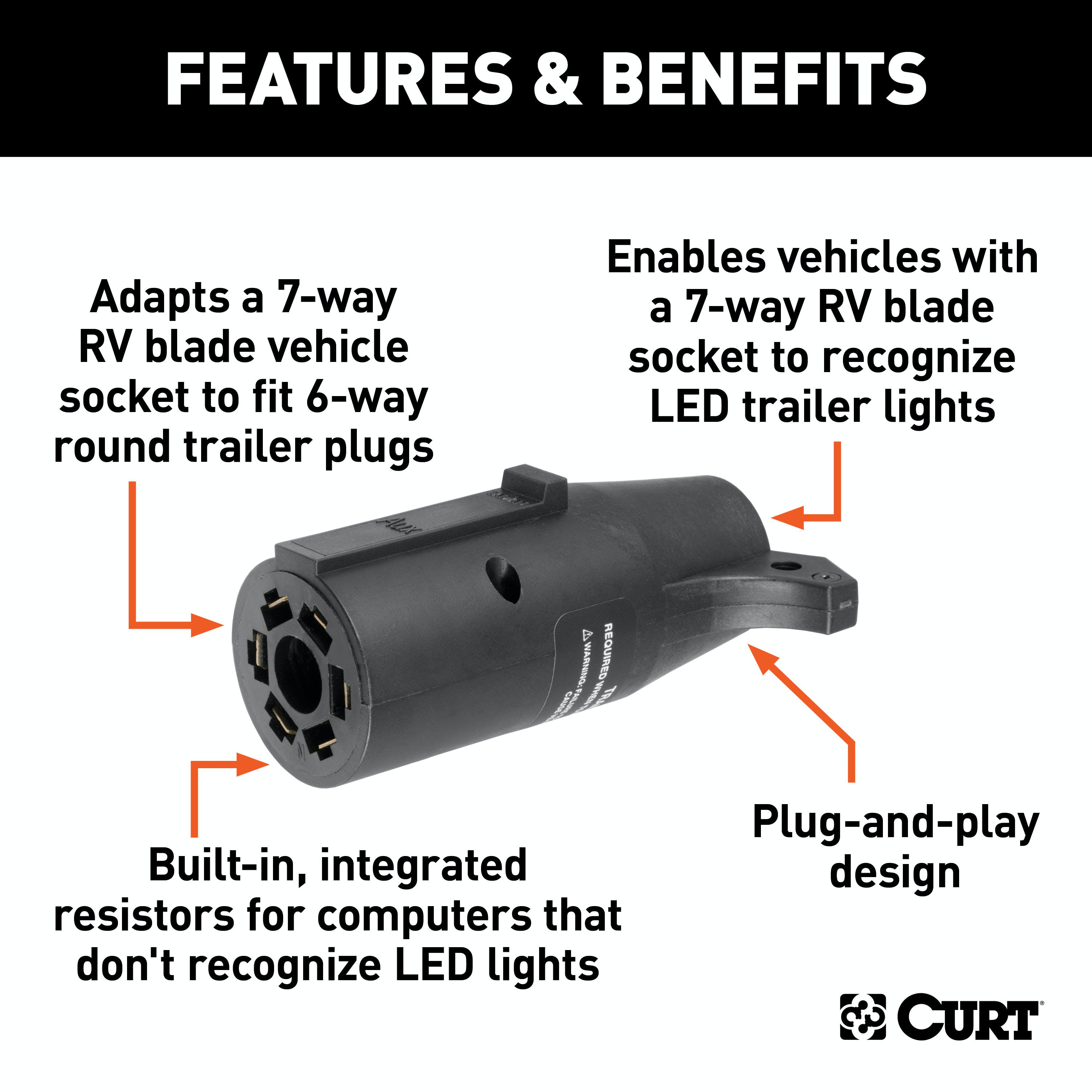 CURT 57005 LED Electrical Adapter (7-Way RV Blade Vehicle to 6-Way Round Trailer)