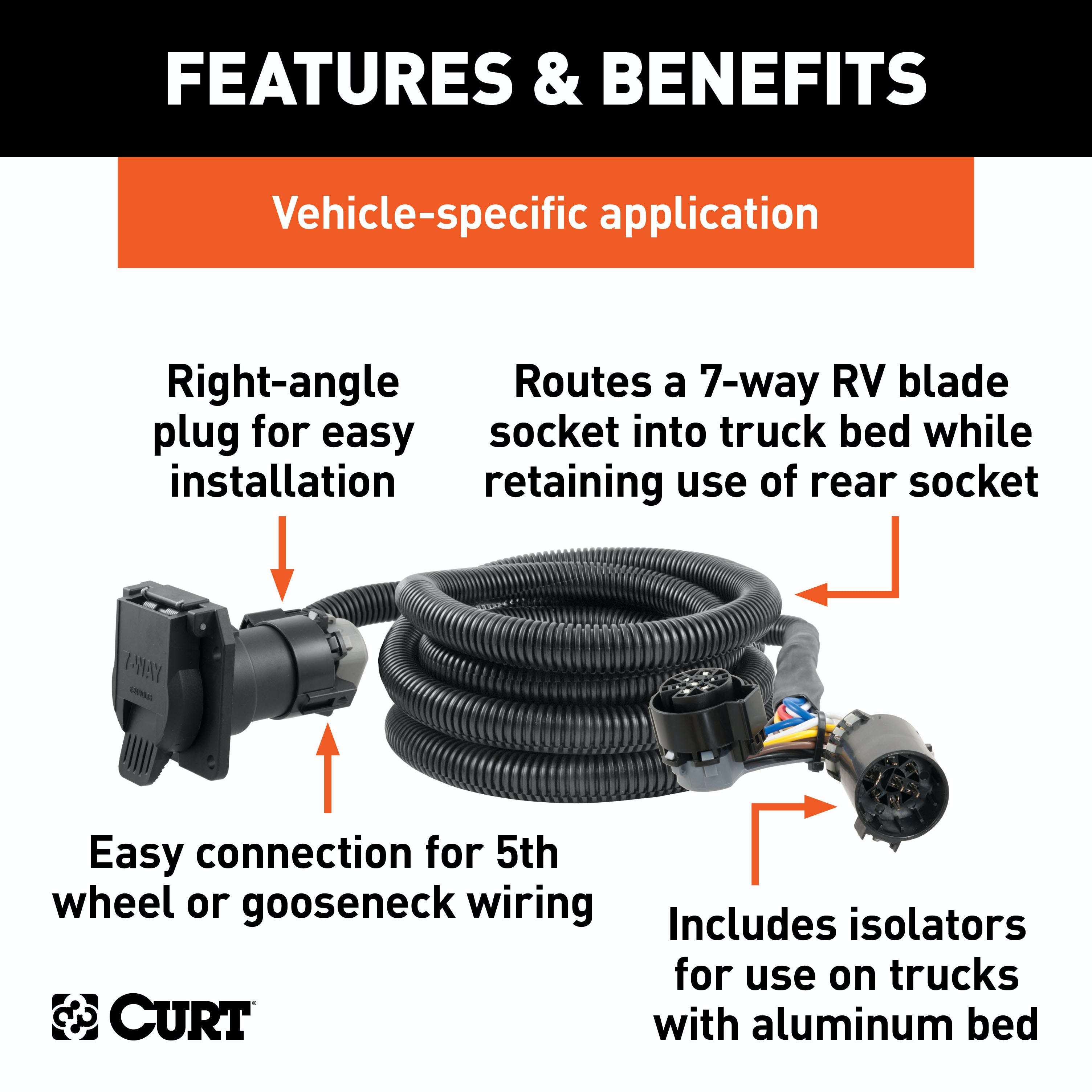 CURT 57010 10' Custom Wiring Extension Harness (Adds 7-Way RV Blade to Truck Bed, Packaged)