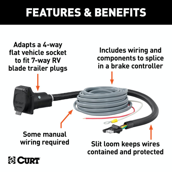 CURT 57186 4-Way Flat Electrical Adapter with Brake Controller Wiring