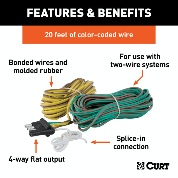 CURT 57220 4-Way Flat Connector for Rewiring Trailer, Includes 20' Wires (Packaged)