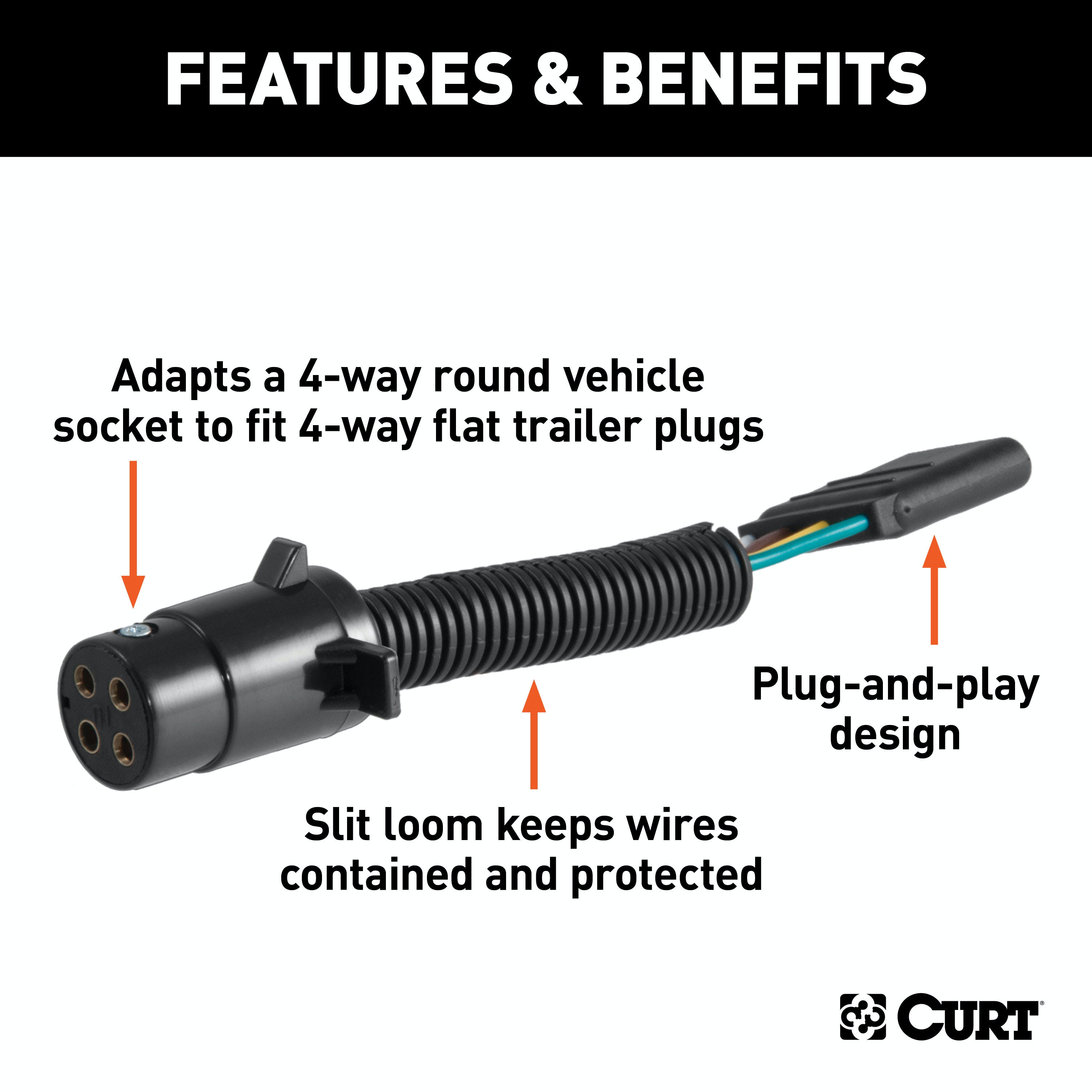 CURT 57225 Electrical Adapter (4-Way Round Vehicle to 4-Way Flat Trailer, Packaged)