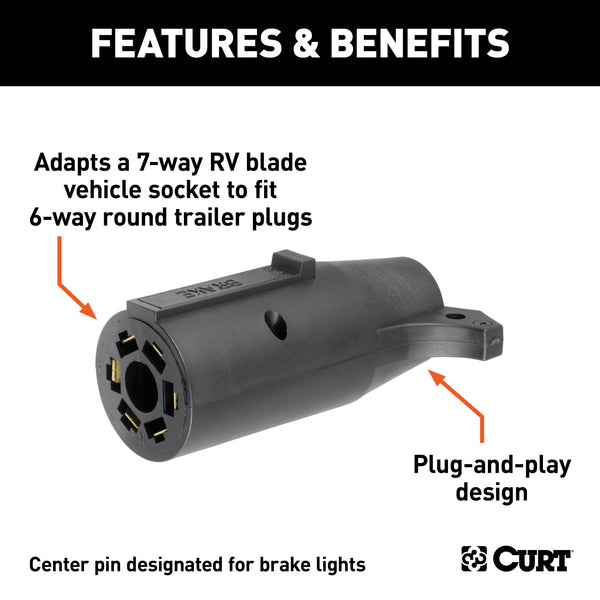 CURT 57660 Electrical Adapter (7-Way RV Blade to 6-Way Round Trailer, Center Pin Brake)