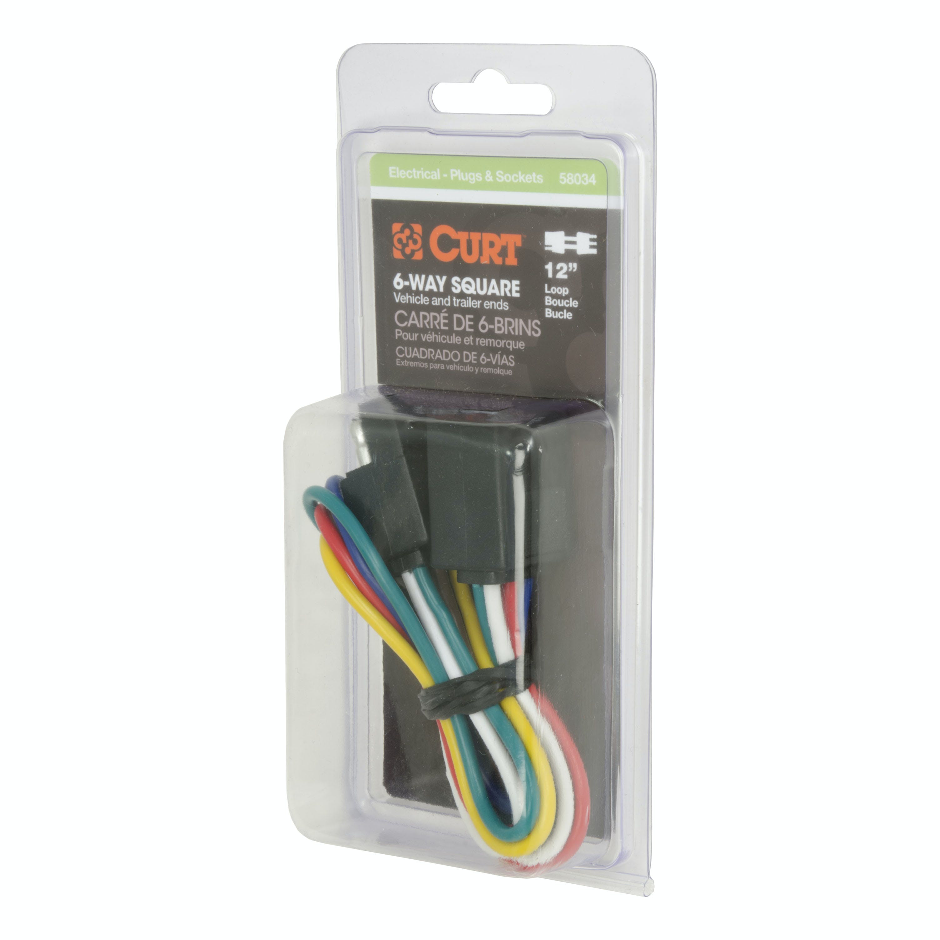 CURT 58034 6-Way Square Connector Plug and Socket with 12 Wires (Packaged)