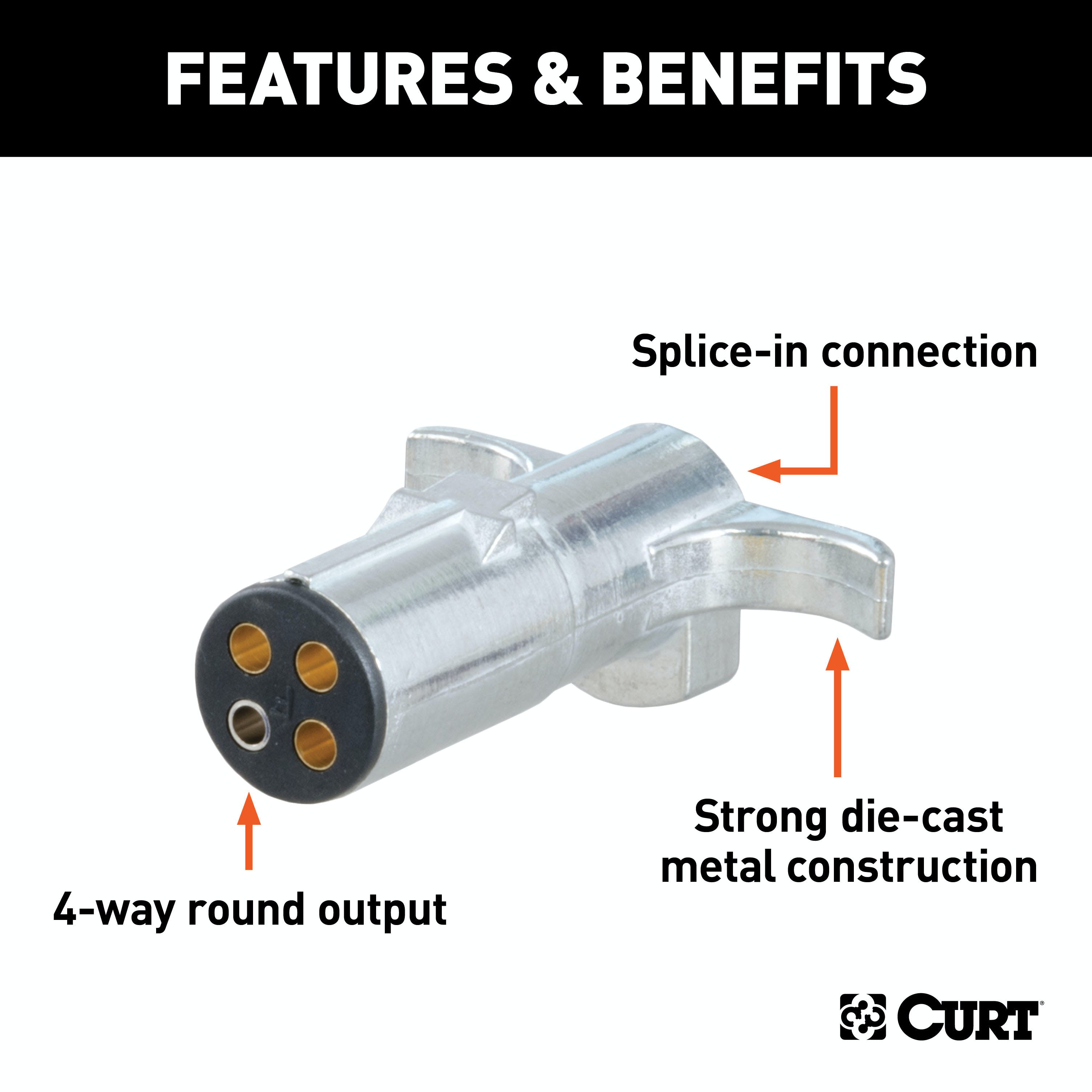 CURT 58061 4-Way Round Connector Plug (Trailer Side, Packaged)