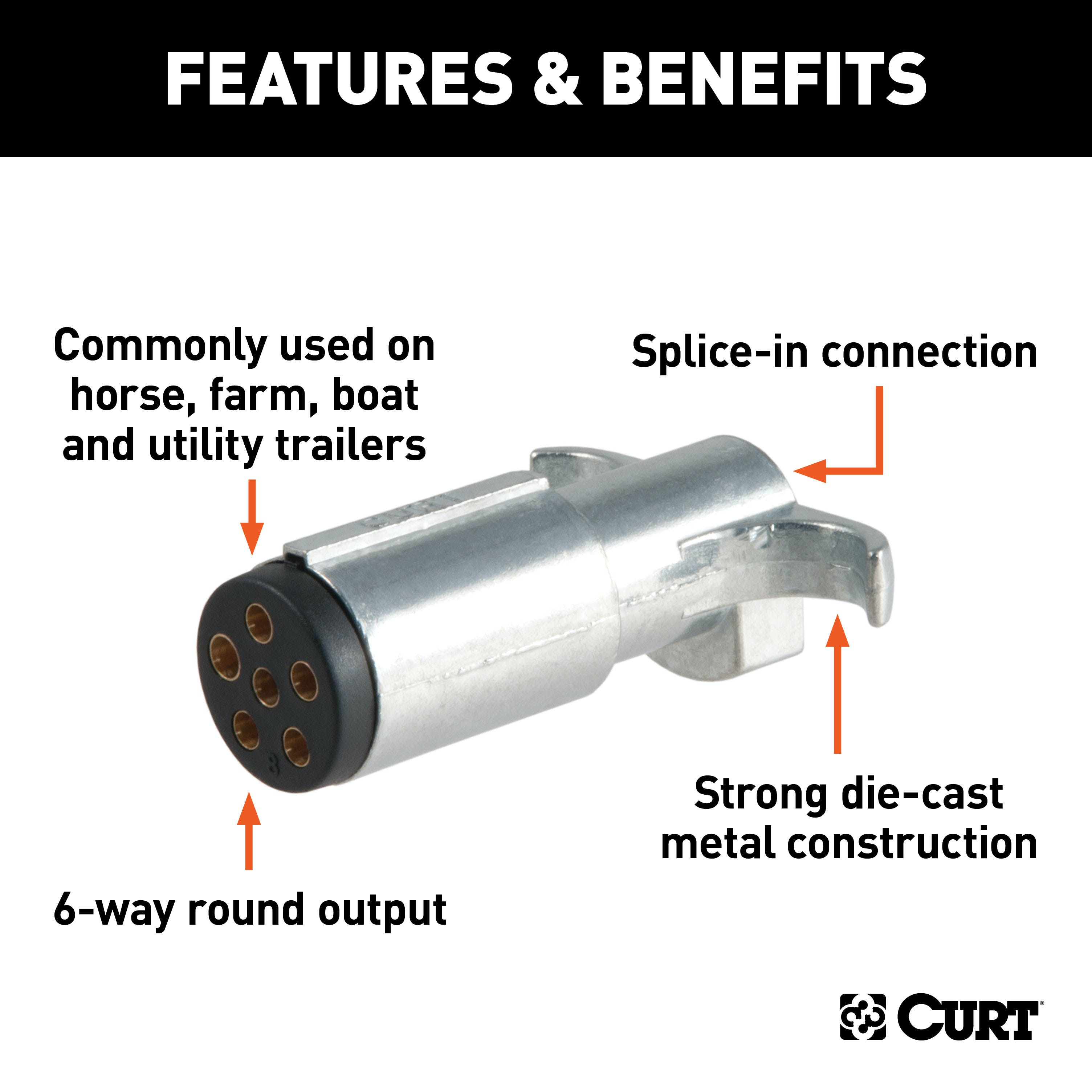 CURT 58080 6-Way Round Connector Plug (Trailer Side, Diecast Metal)