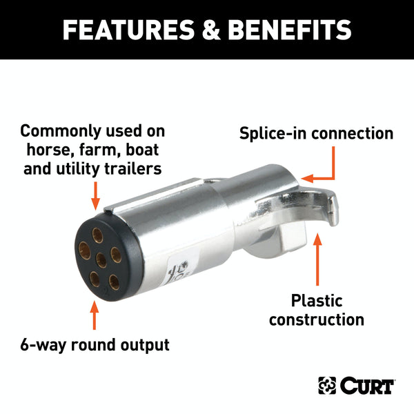 CURT 58120 6-Way Round Connector Plug (Trailer Side, Chrome Plastic)