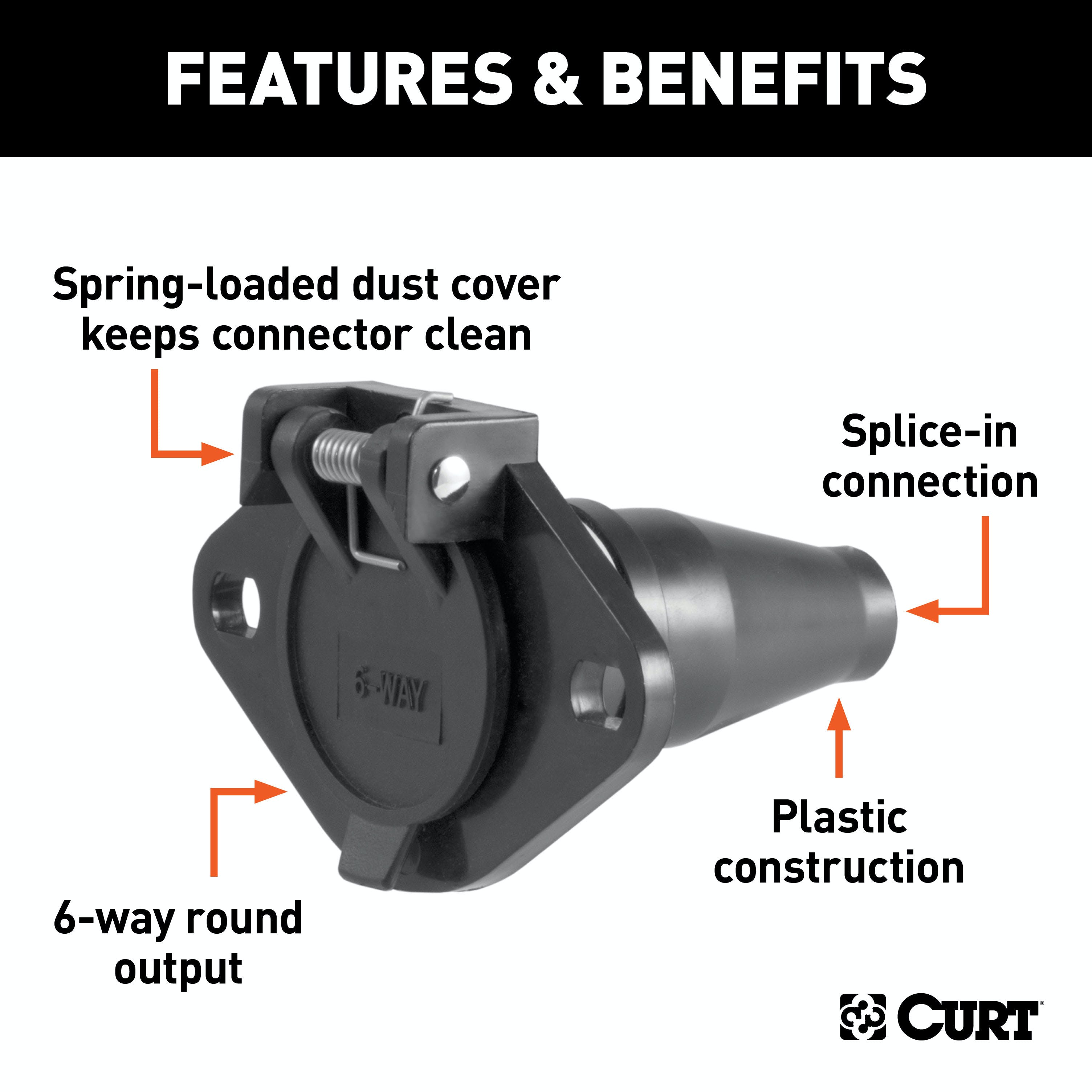 CURT 58130 6-Way Round Connector Socket (Vehicle Side, Black Plastic)