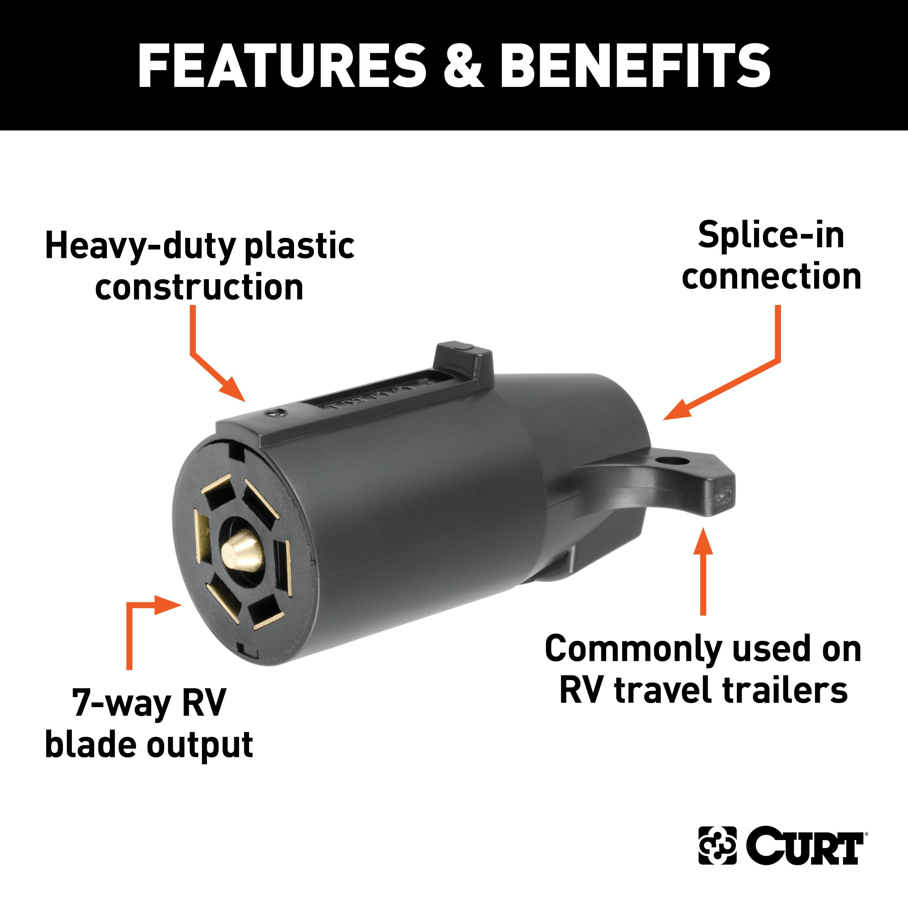 CURT 58140 7-Way RV Blade Connector Plug (Trailer Side, Black Plastic)