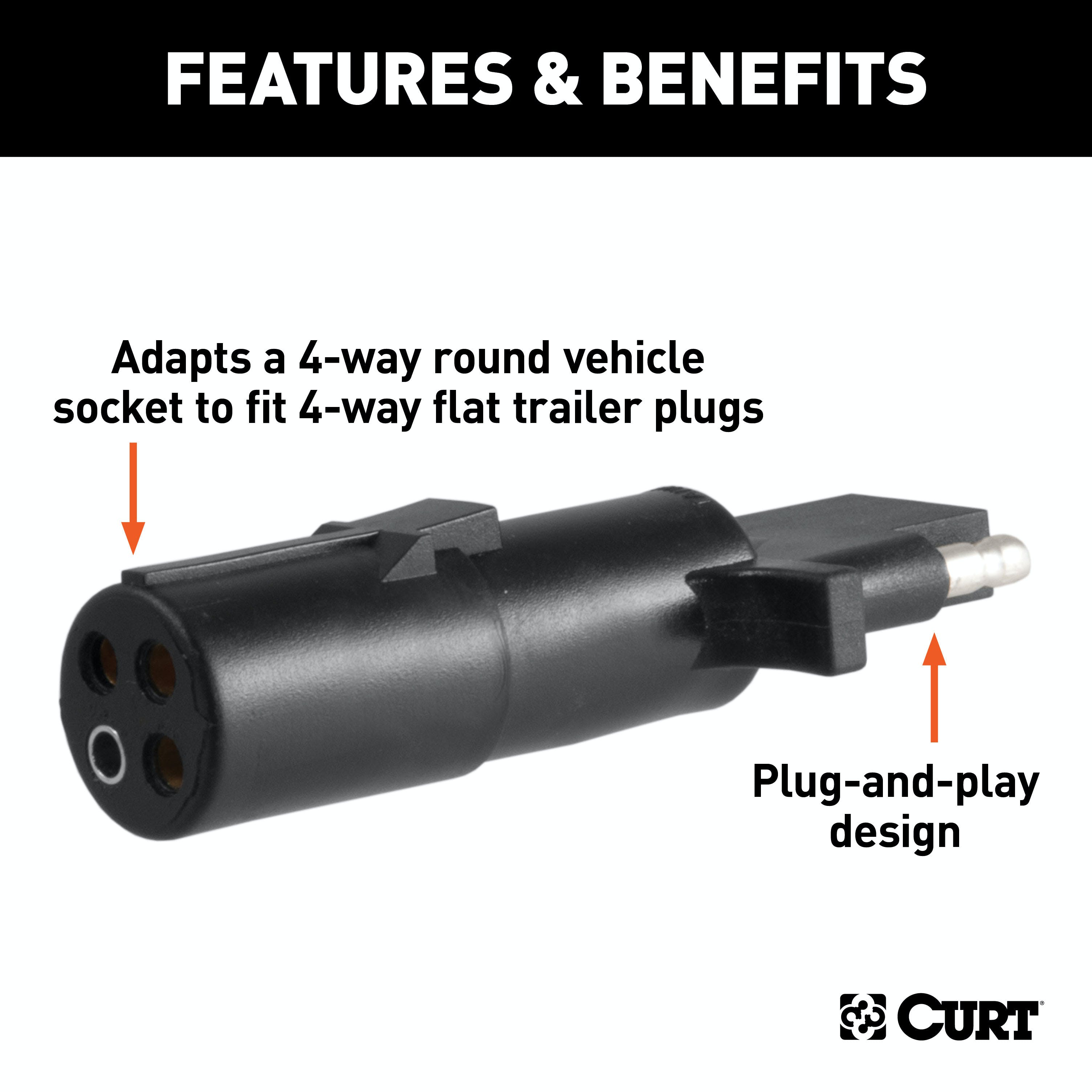 CURT 58414 Electrical Adapter (4-Way Round Vehicle to 4-Way Flat Trailer)