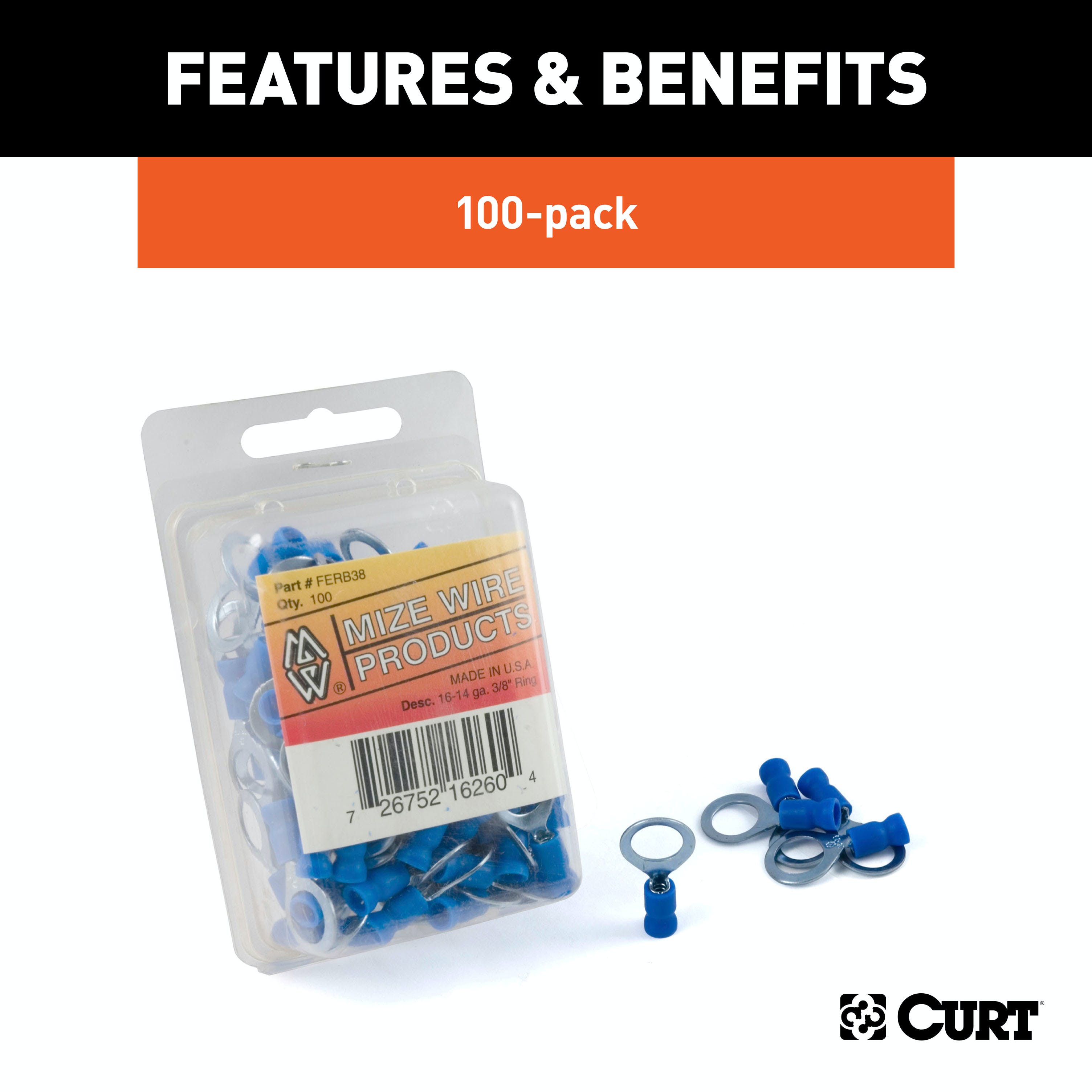 CURT 59523 Ring Terminals (16-14 Wire Gauge, 3/8 Stud Size, 100-Pack)