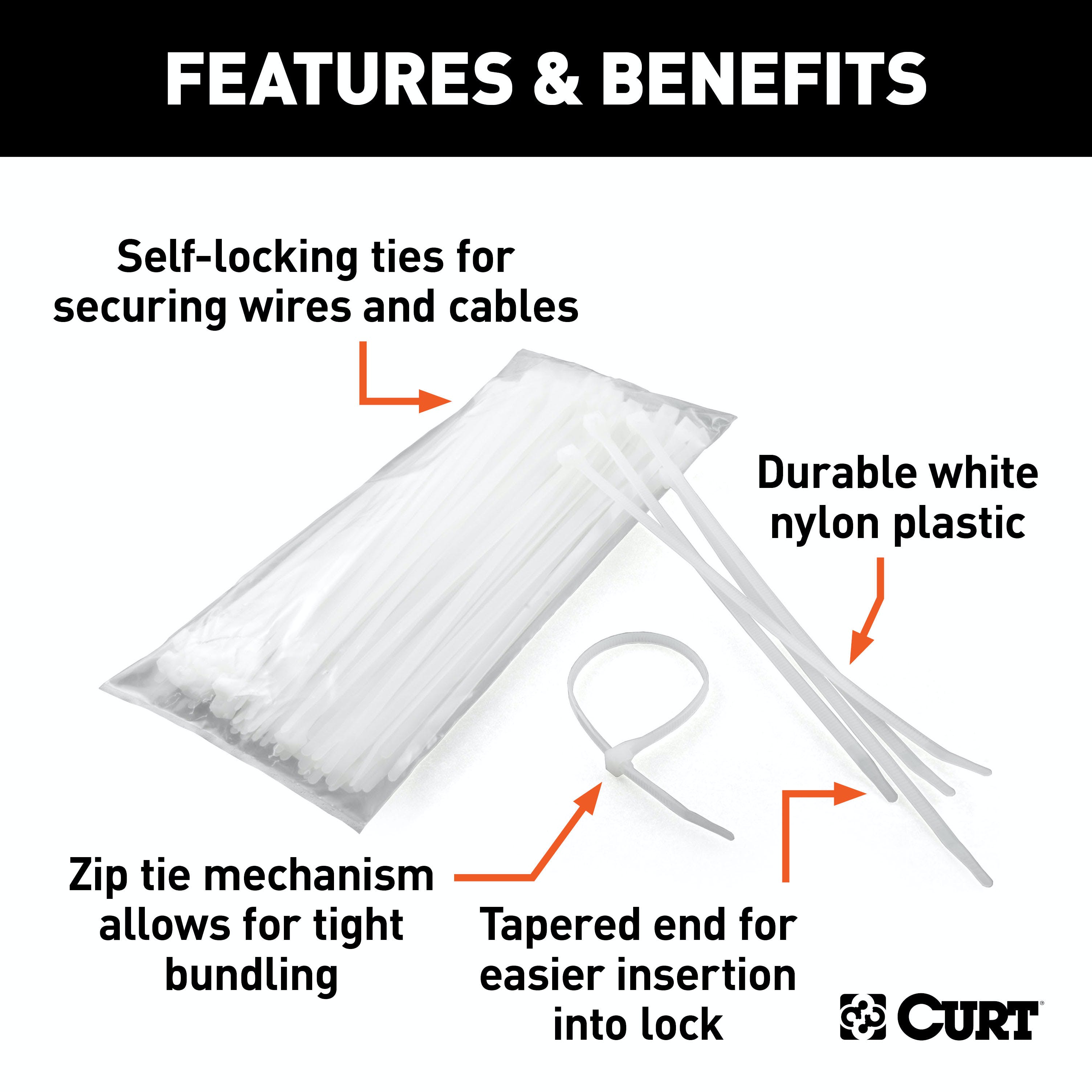 CURT 59728 7-1/4 Plastic Zip Wire Ties (100-Pack)