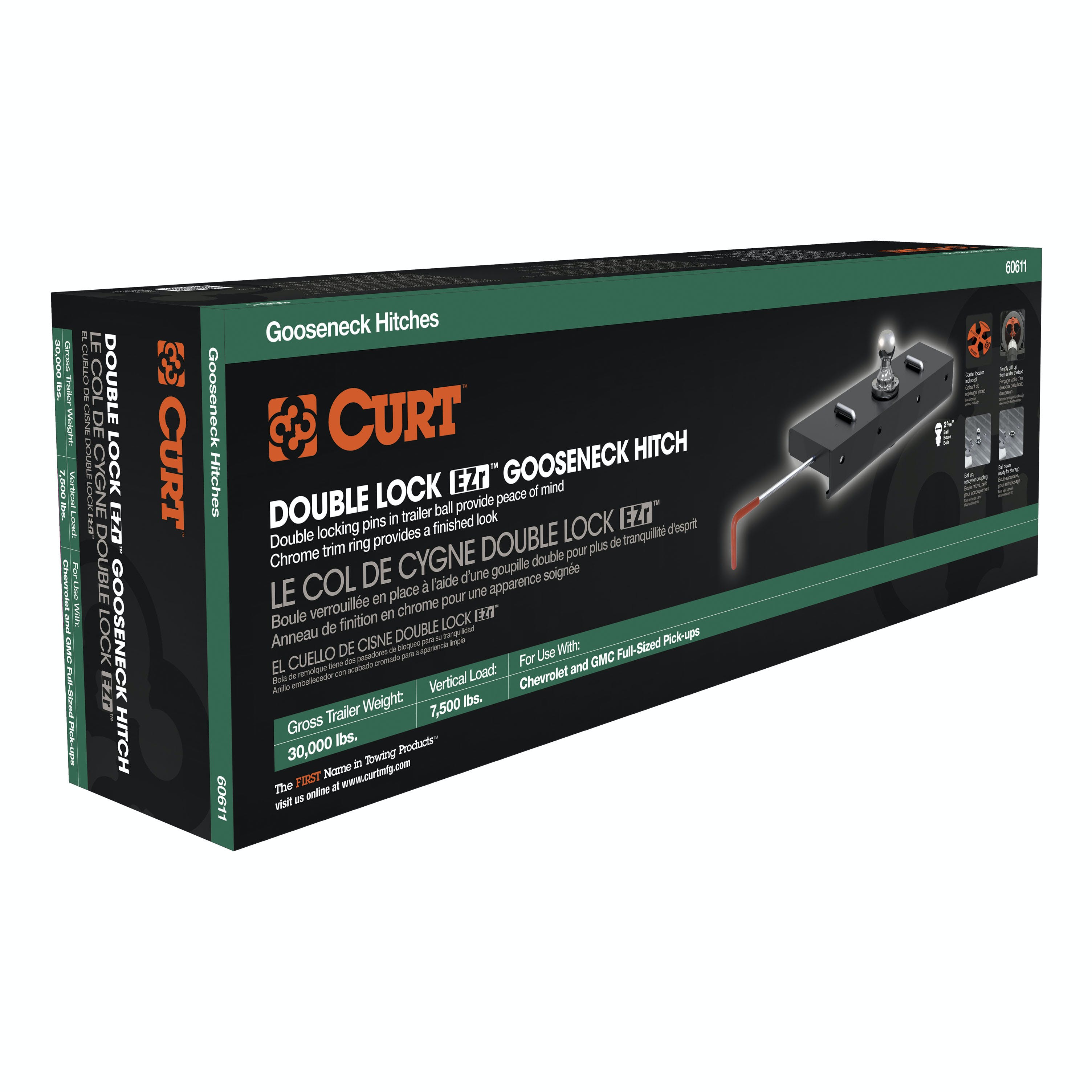 CURT 60611 Double Lock EZr Gooseneck Hitch, 2-5/16 Ball, 30K (Brackets Required)