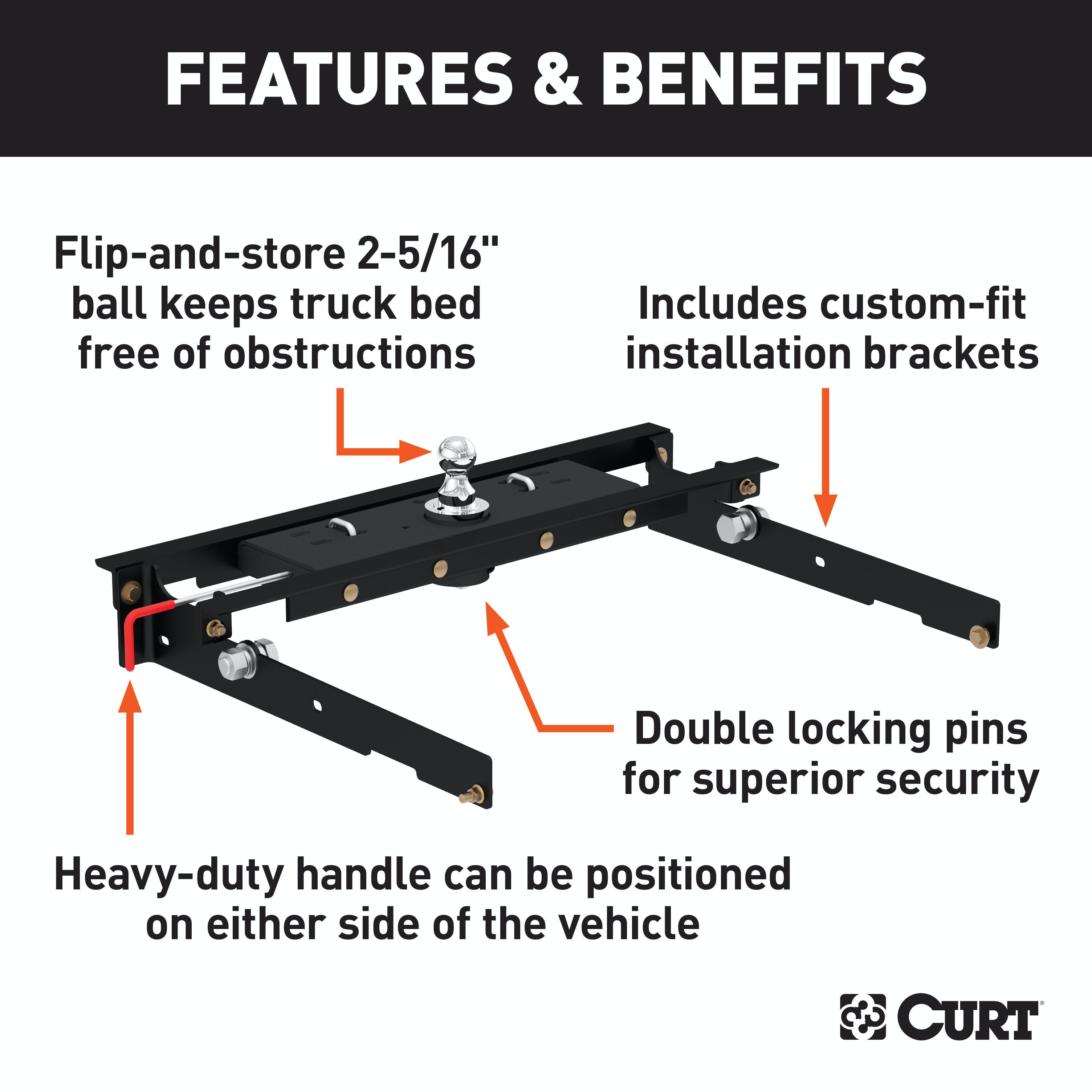 CURT 60723 Double Lock Gooseneck Hitch Kit with Brackets, Select Ford F-150, F-250, F-350