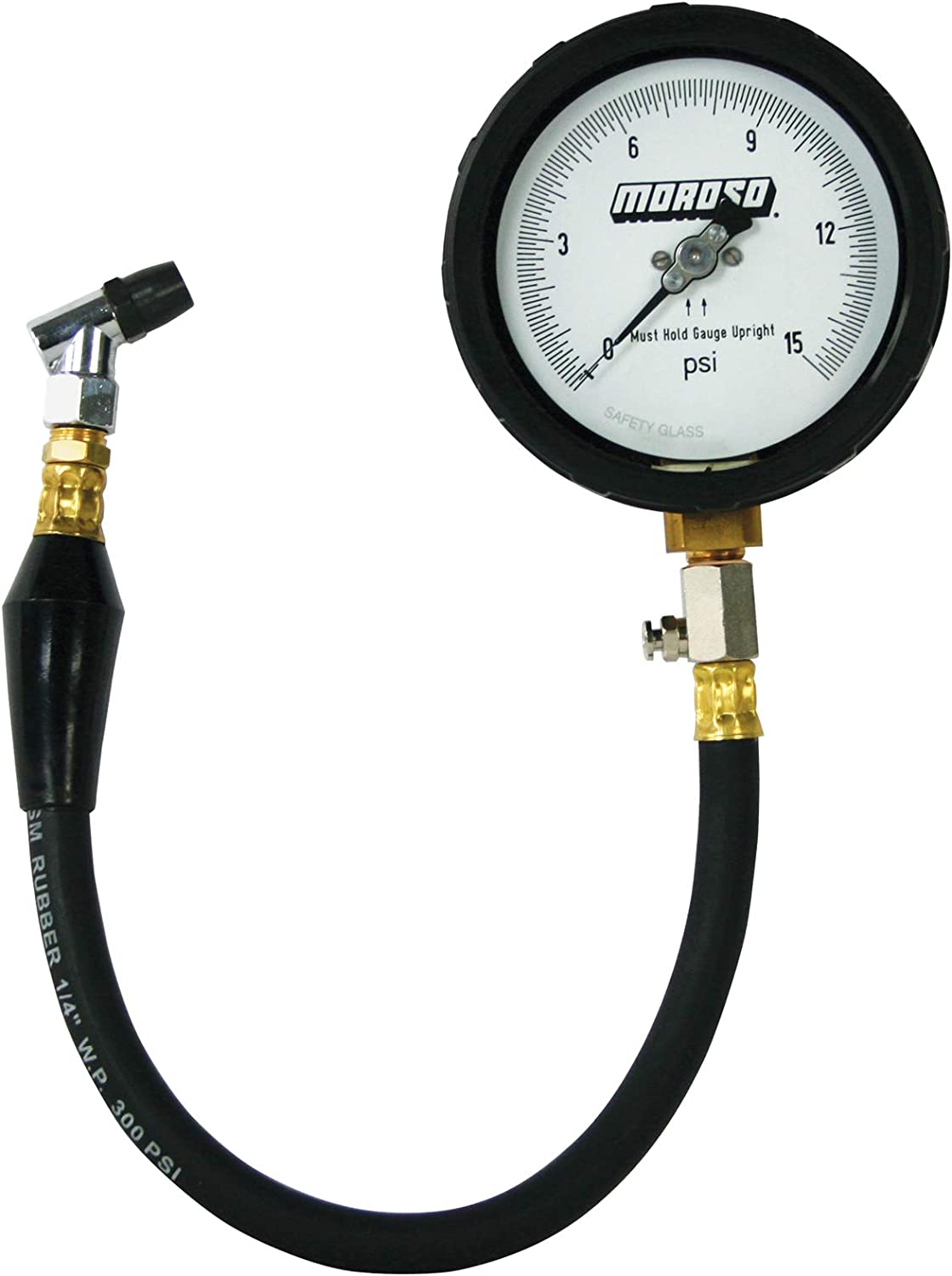 Moroso 89552 Pro Series Tire Pressure Gauge (0-15 PSI, 16.25 Hose, 4 Face)