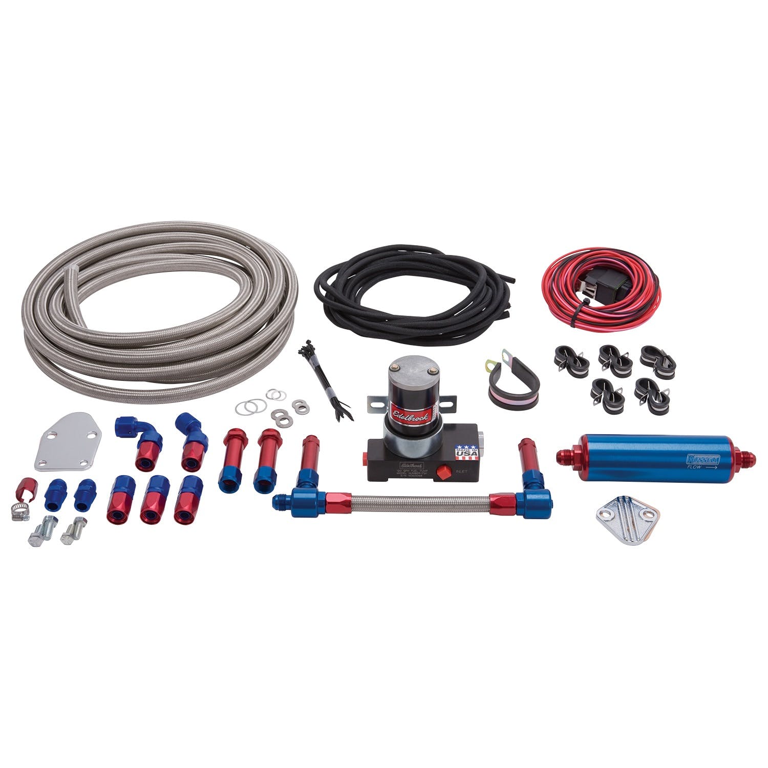 Russell 641590 Complete Carb plumbing kit. Holley/Demon Dual feed carb. Red/blue finish.