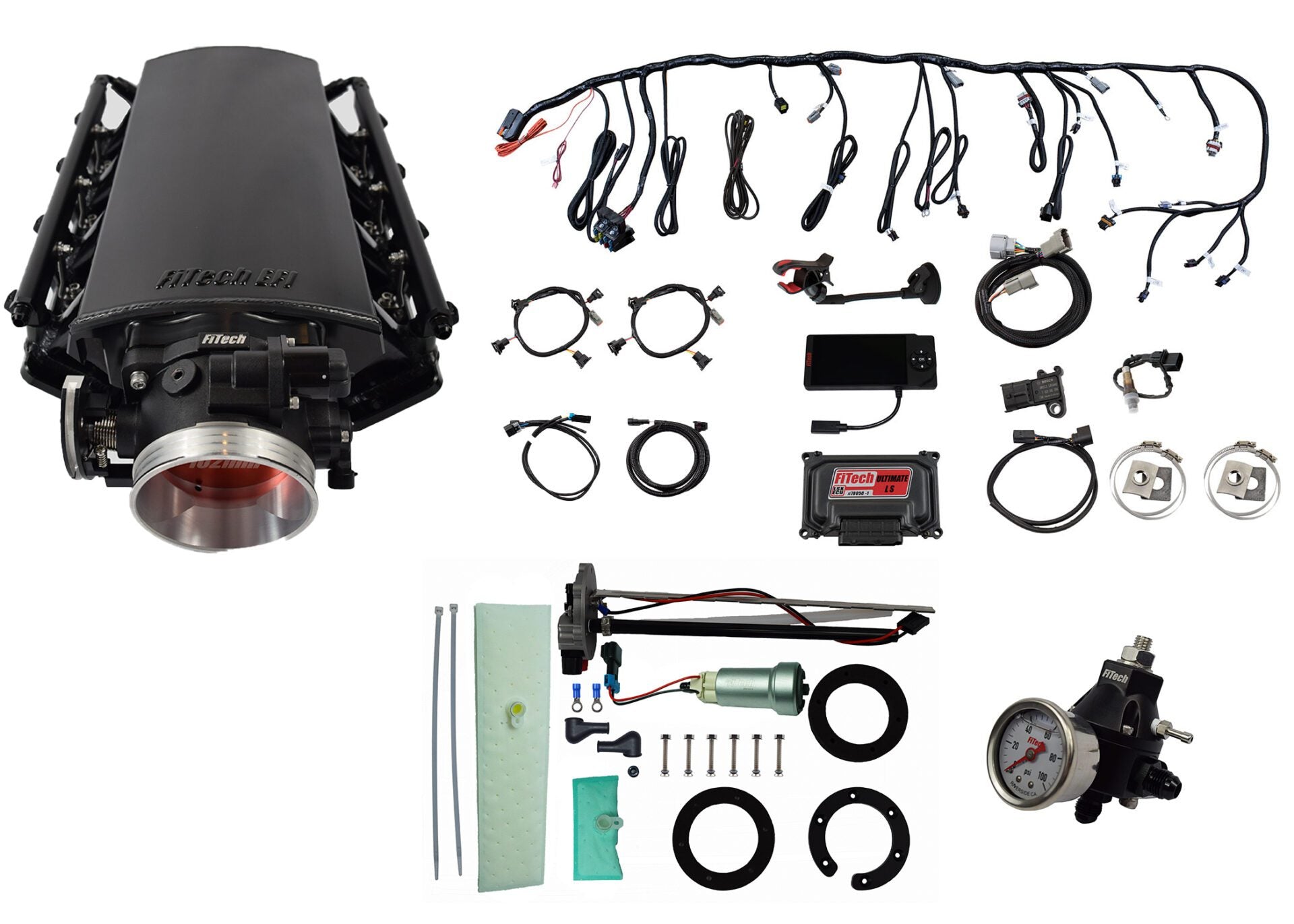 FiTech 76102 Ultimate LS 500 HP EFI System With Short Cathedral Intake, Transmission Control