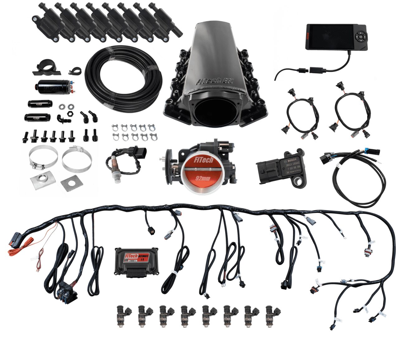 FiTech 78101 Ultimate LS Master Kit w/70001 Kit Plus Inline Fuel Pump Kit, w/ coil pack set
