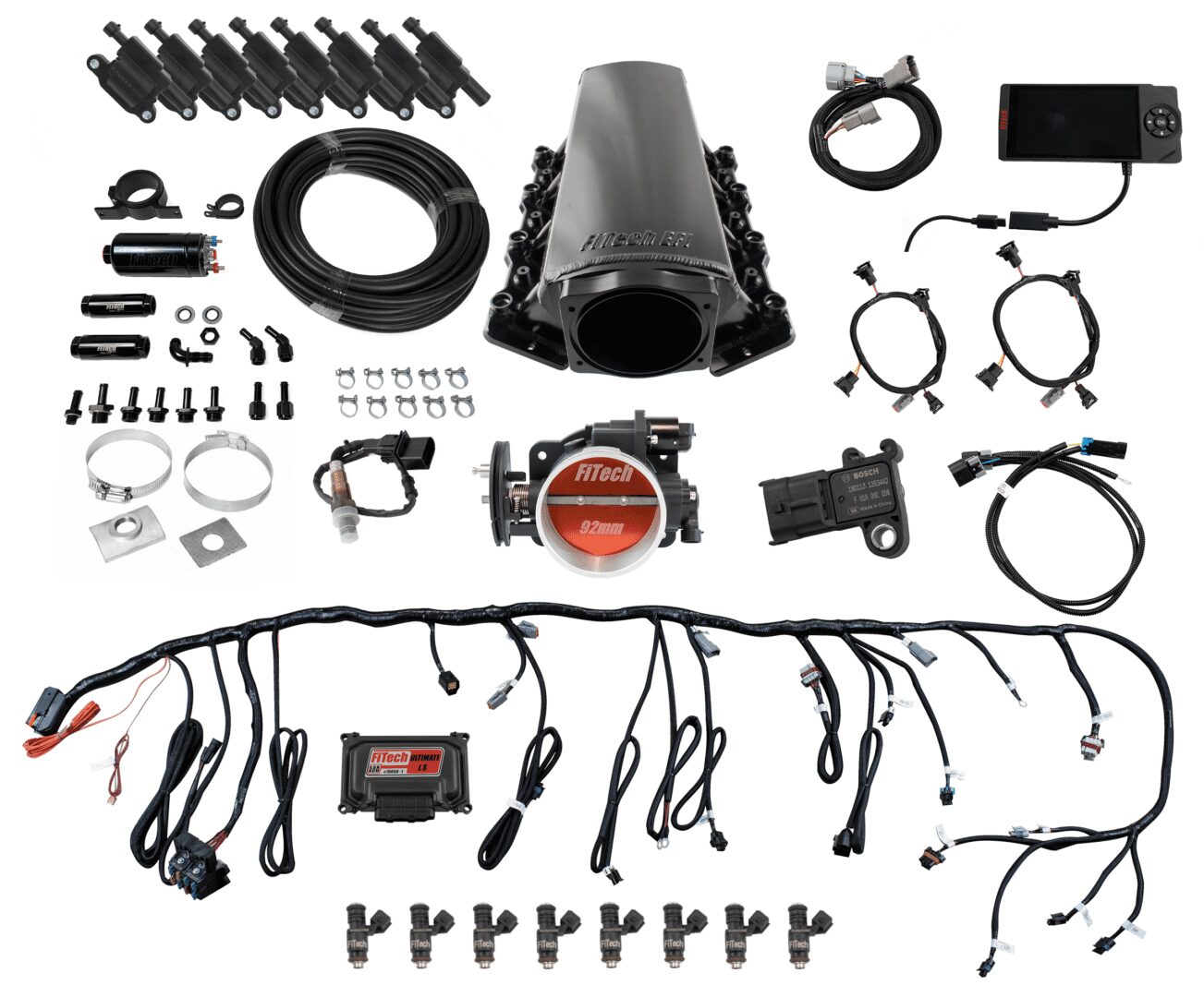 FiTech 78102 Ultimate LS Master Kit w/70002 Kit Plus Inline Fuel Pump Kit, w/ coil pack set