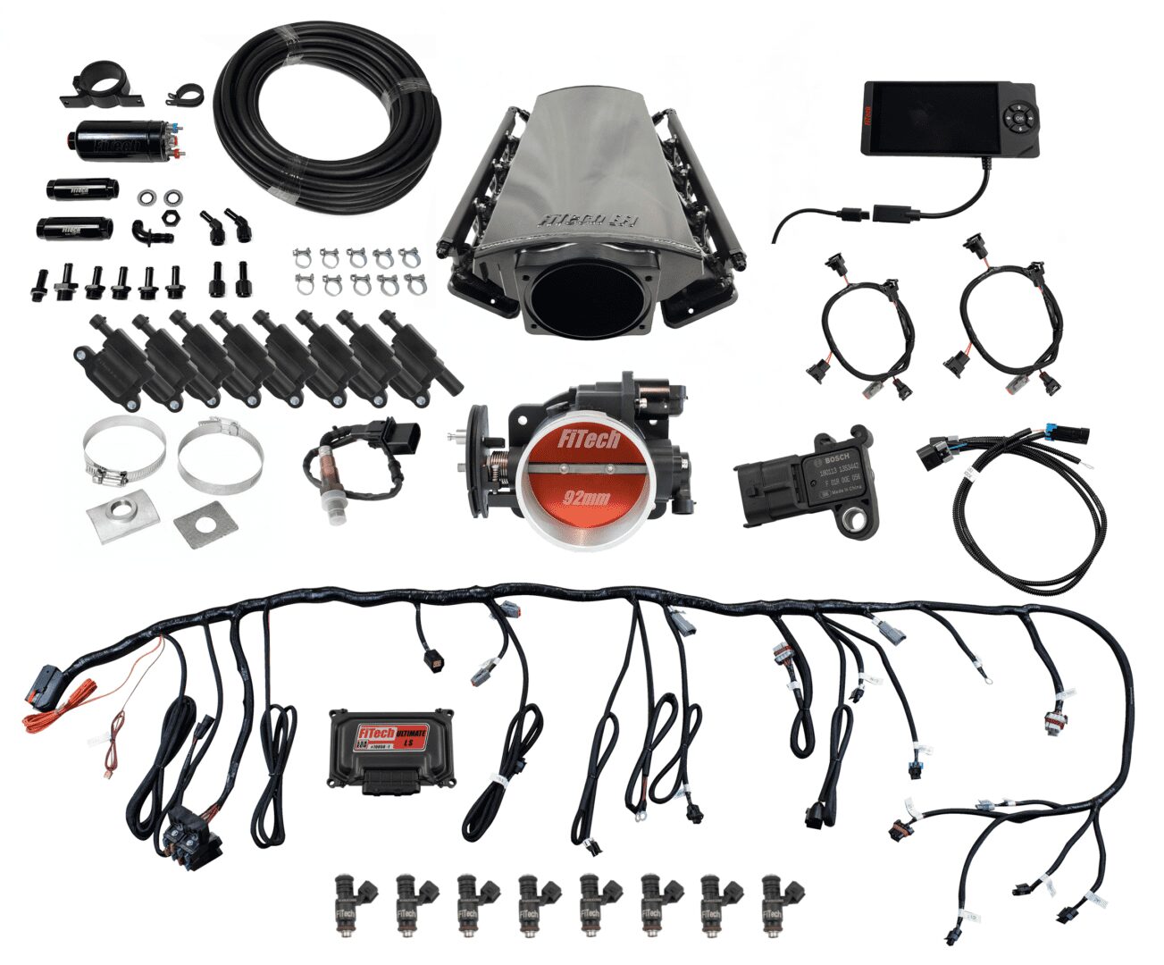 FiTech 78111 Ultimate LS Master Kit w/70011 Kit Plus Inline Fuel Pump Kit, w/ coil pack set
