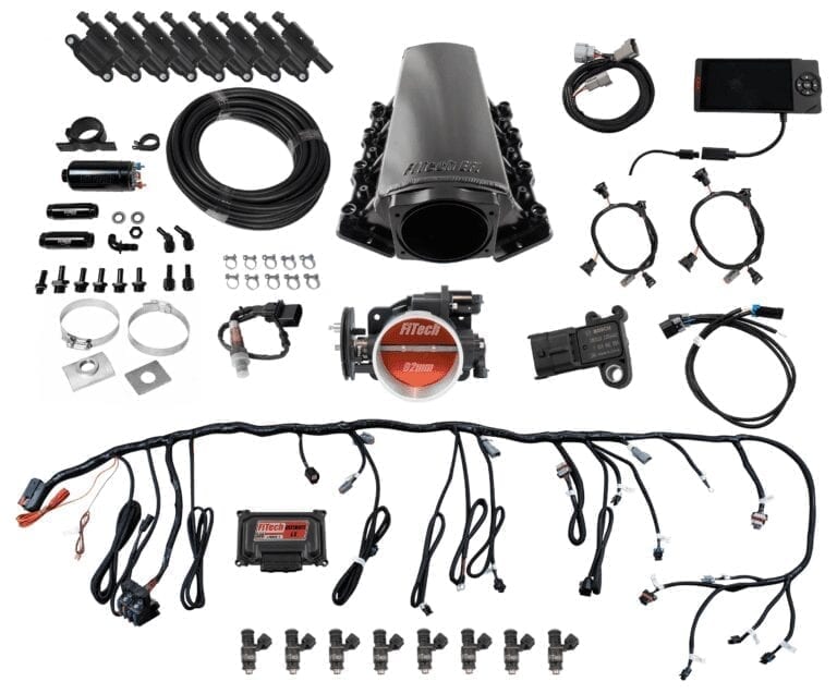 FiTech 79102 Ultimate LS Master Kit w/70002 Kit Plus Inline Fuel Pump Kit, led coil pack set