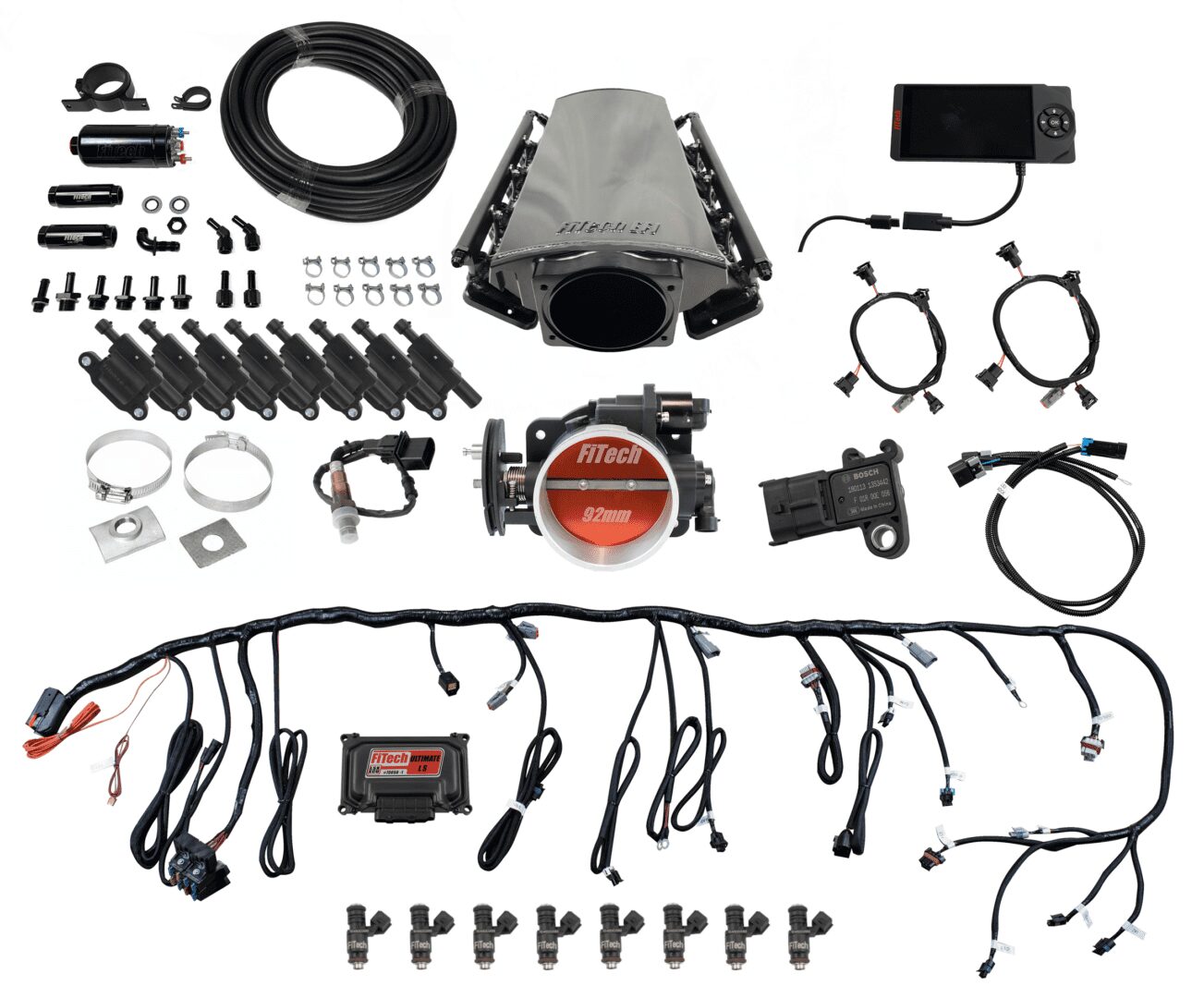 FiTech 79111 Ultimate LS Master Kit w/70011 Kit Plus Inline Fuel Pump Kit, w/ led coil pack