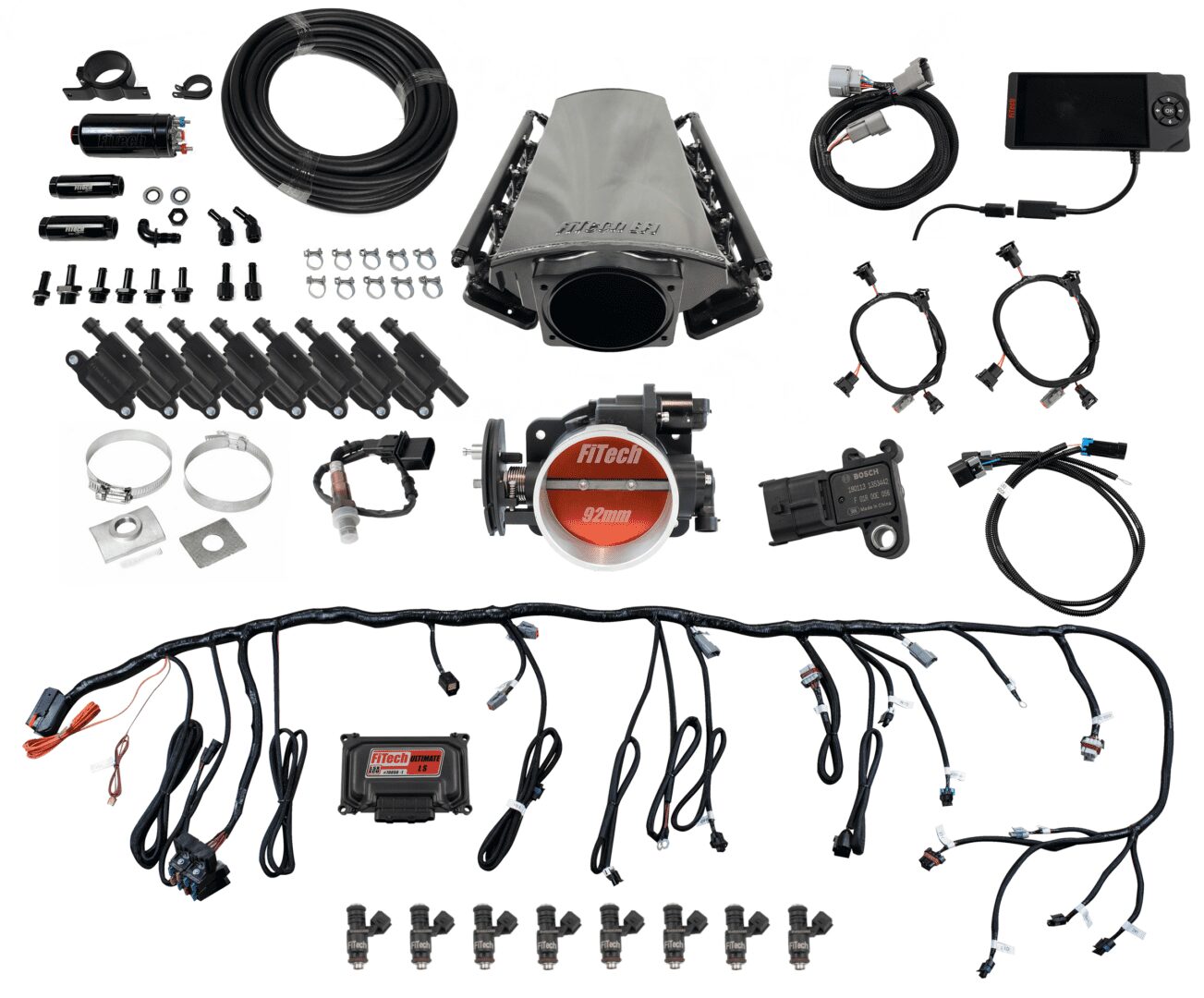 FiTech 79112 Ultimate LS Master Kit w/70012 Kit Plus Inline Fuel Pump Kit, w/ led coil pack