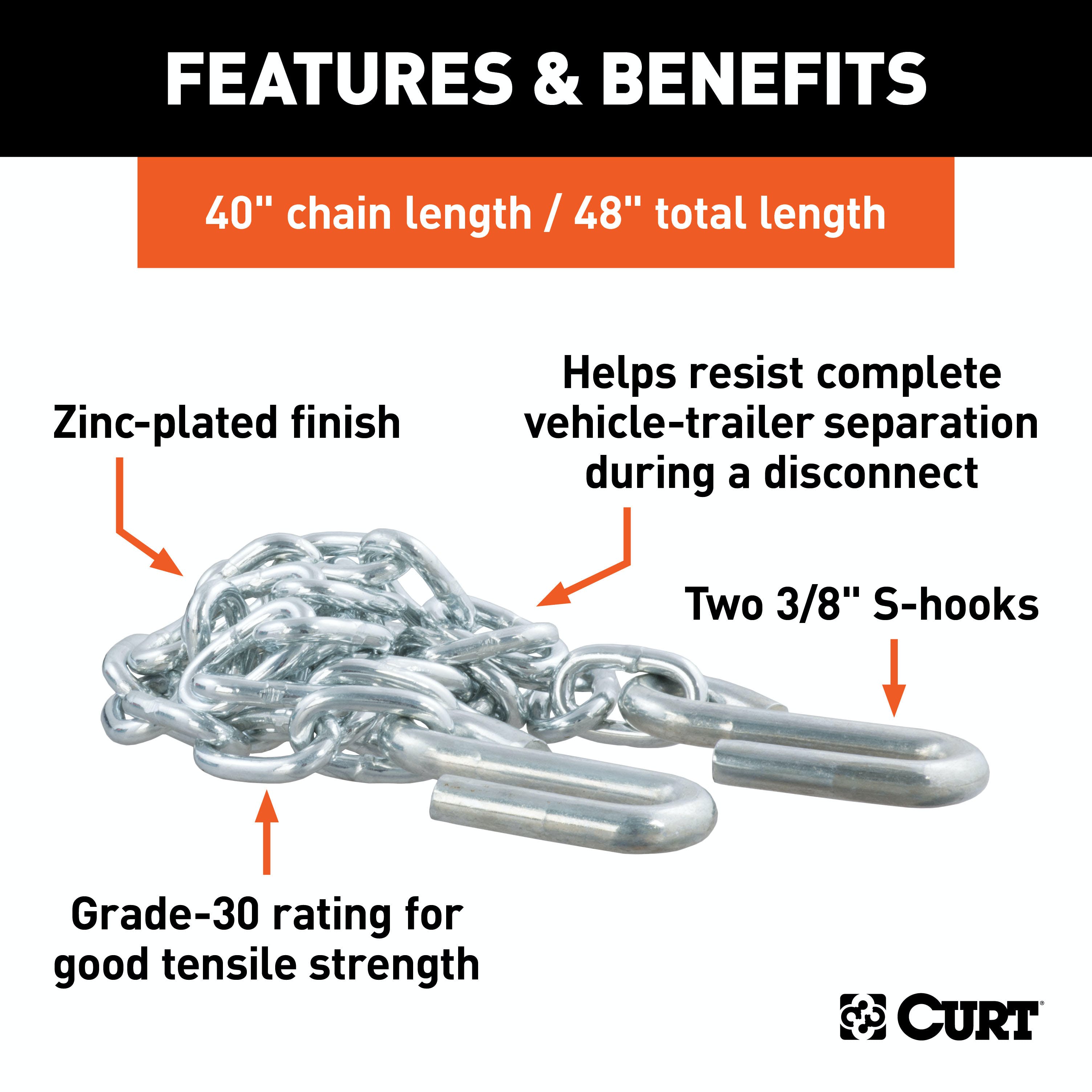 CURT 80010 48 Safety Chain with 2 S-Hooks (2,000 lbs, Clear Zinc)