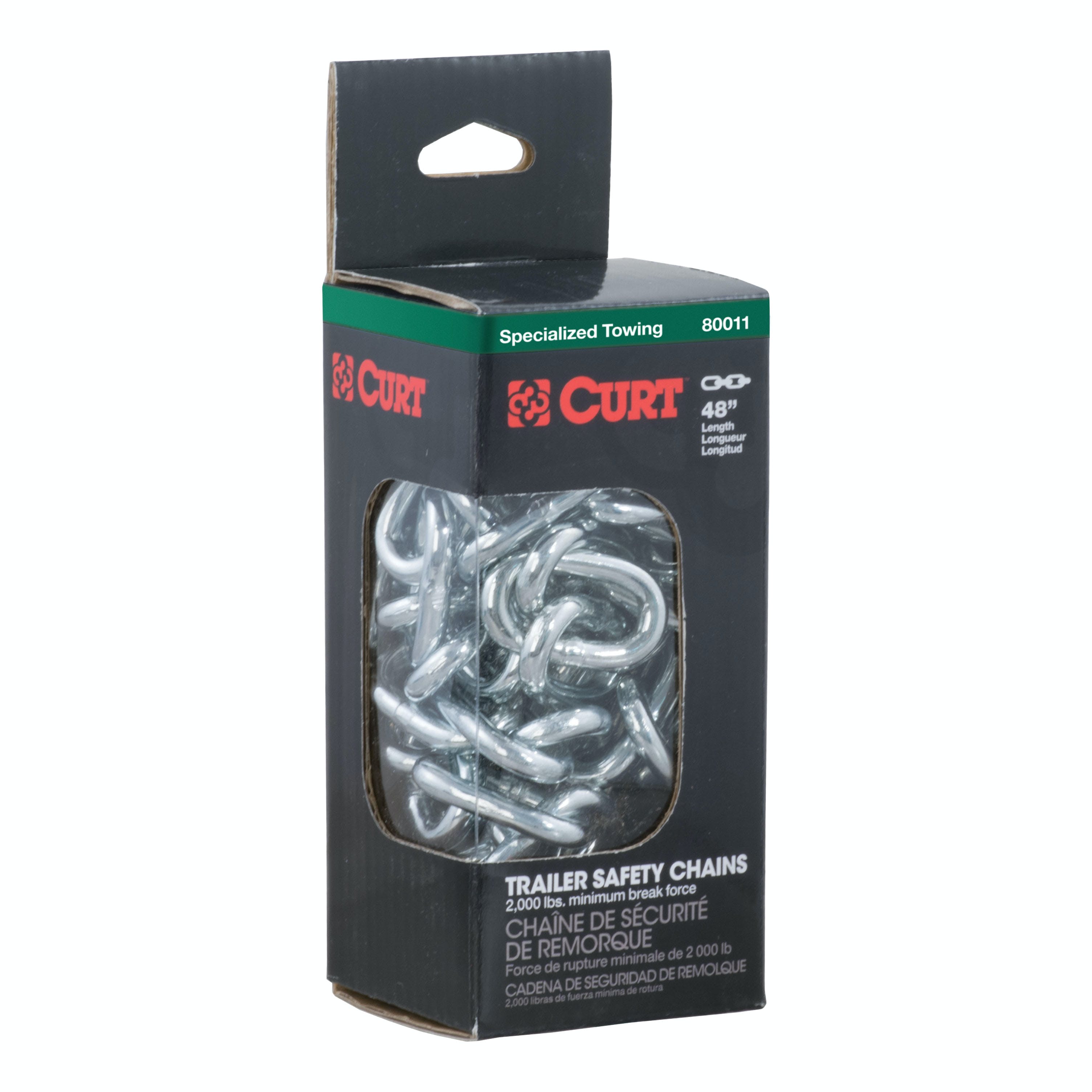 CURT 80011 48 Safety Chain with 2 S-Hooks (2,000 lbs, Clear Zinc