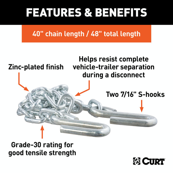 CURT 80031 48 Safety Chain with 2 S-Hooks (5,000 lbs, Clear Zinc, Packaged)