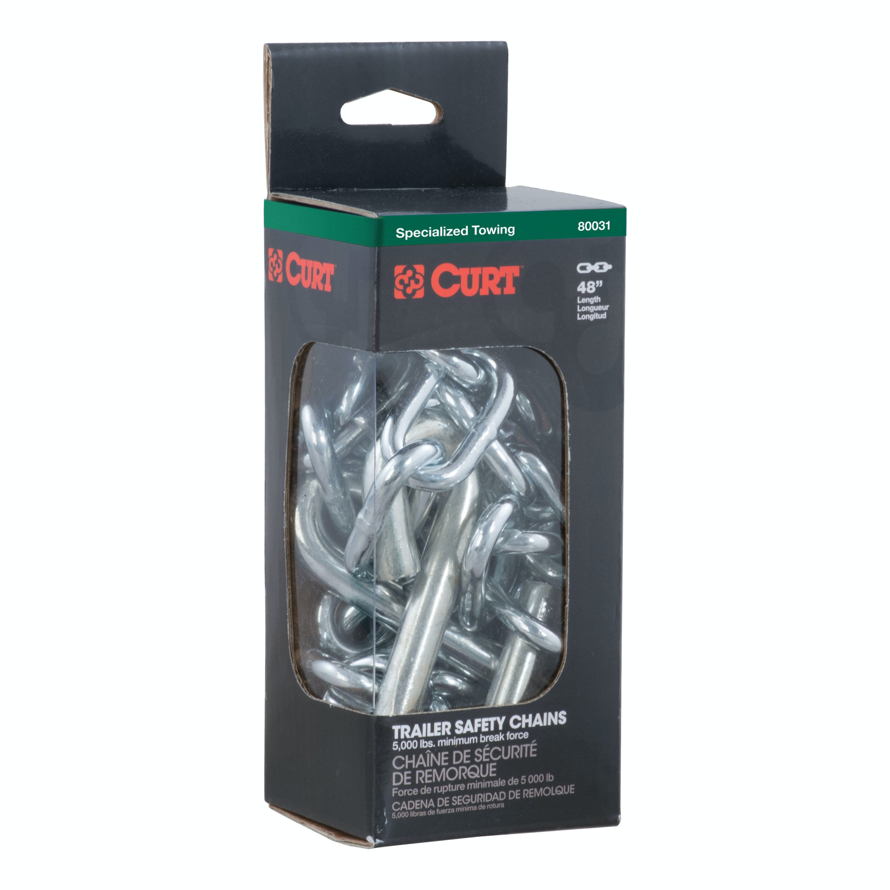 CURT 80031 48 Safety Chain with 2 S-Hooks (5,000 lbs, Clear Zinc, Packaged)