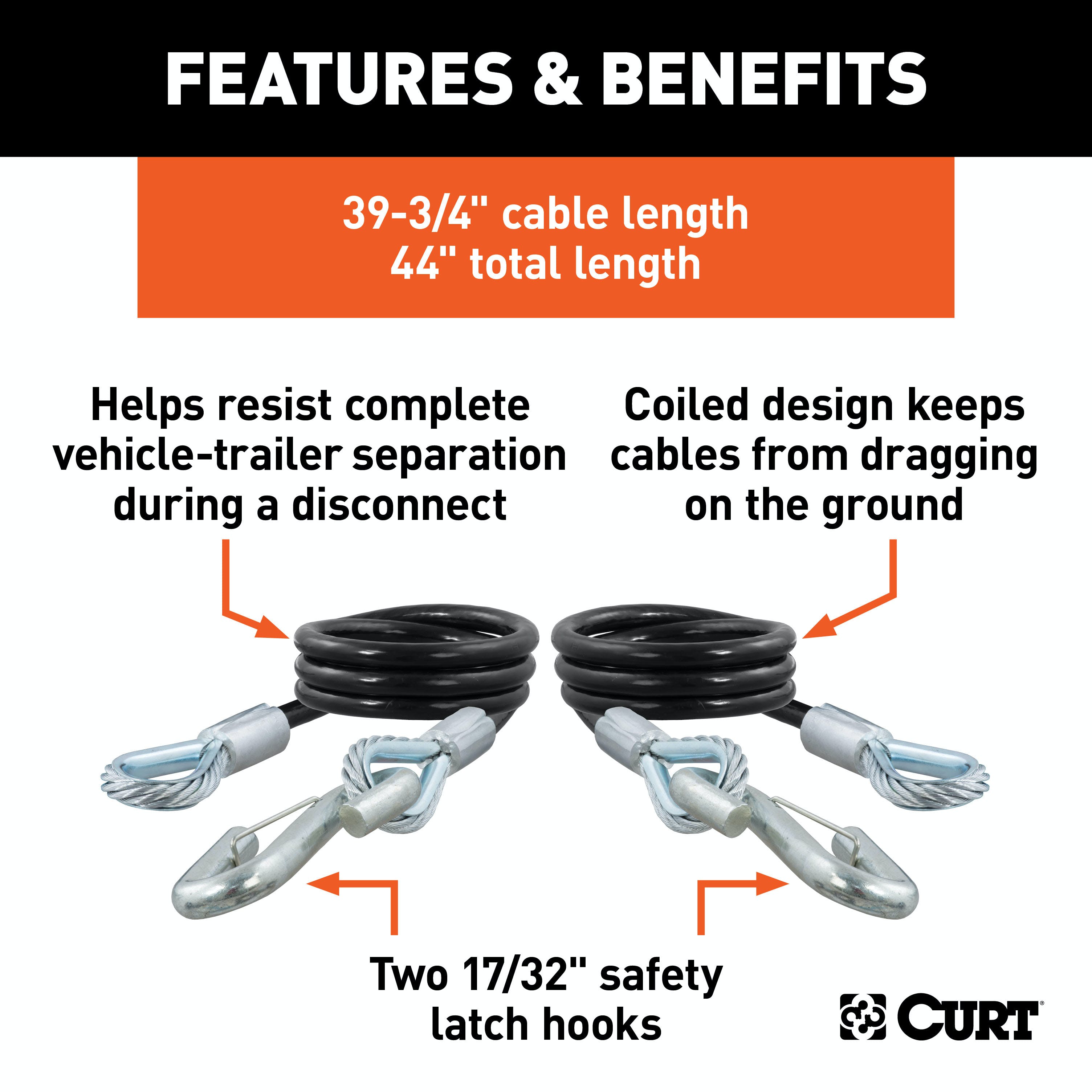 CURT 80176 44 Safety Cables with 2 Snap Hooks (7,500 lbs, Vinyl-Coated, 2-Pack)