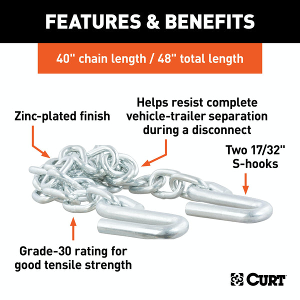 CURT 80301 48 Safety Chain with 2 S-Hooks (7,000 lbs, Clear Zinc)