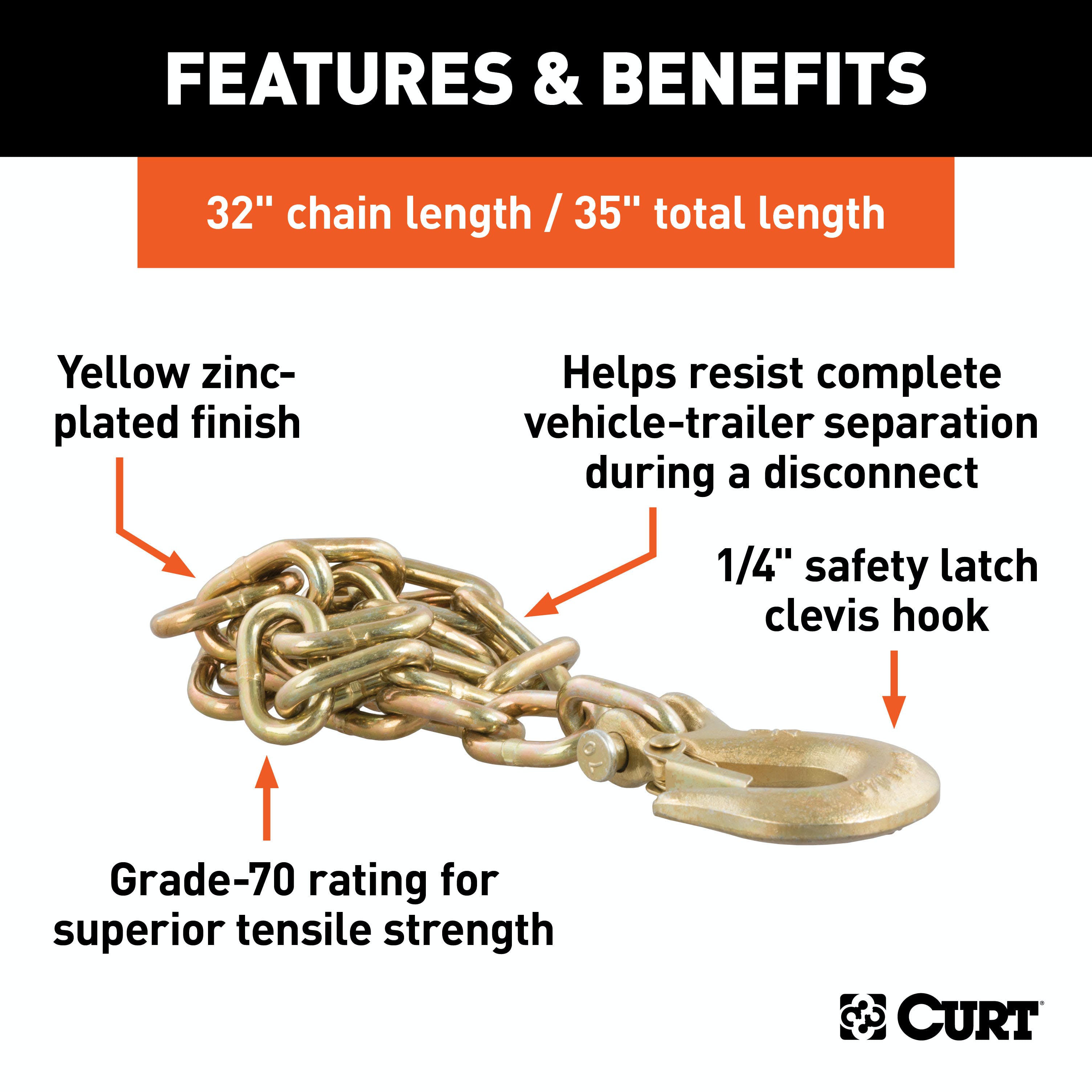 CURT 80303 35 Safety Chain with 1 Clevis Hook (12,600 lbs, Yellow Zinc)