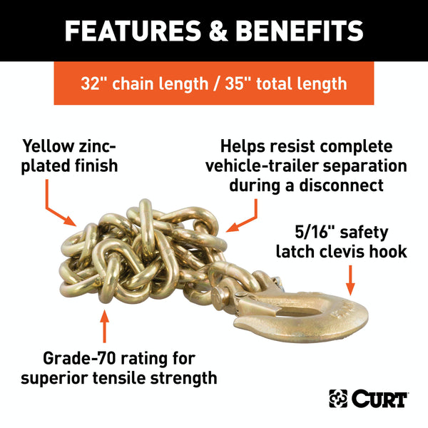 CURT 80304 35 Safety Chain with 1 Clevis Hook (18,800 lbs, Yellow Zinc)