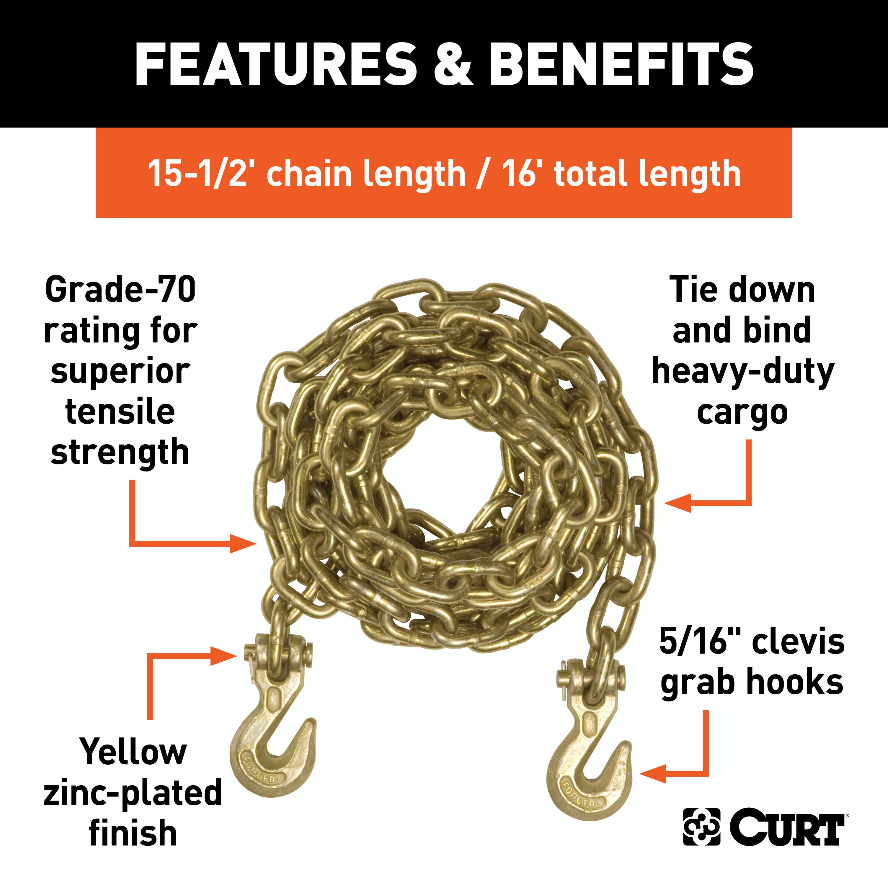 CURT 80306 16' Transport Binder Safety Chain with 2 Clevis Hooks (18,800 lbs, Yellow Zinc)
